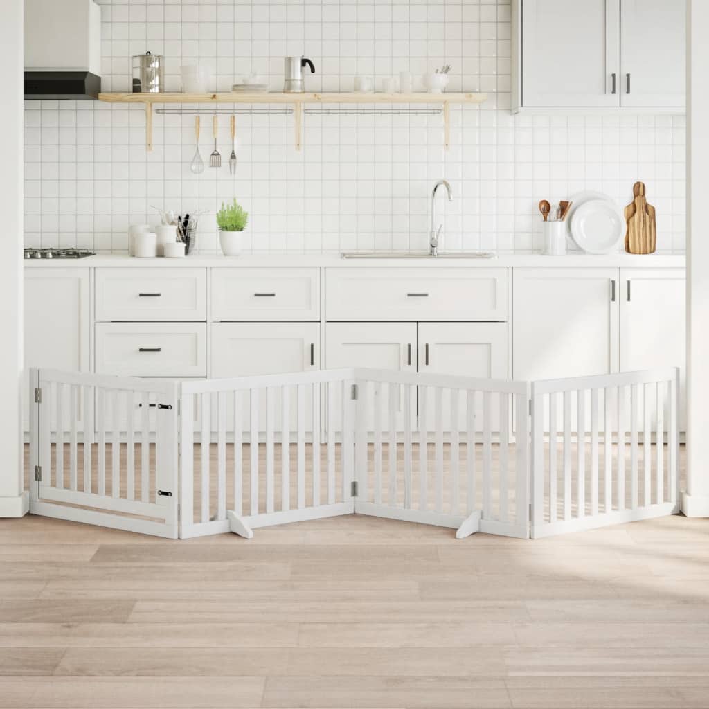 Kokkupandav koeravärav uksega, 4 paneeli, valge 320 cm, pappel
