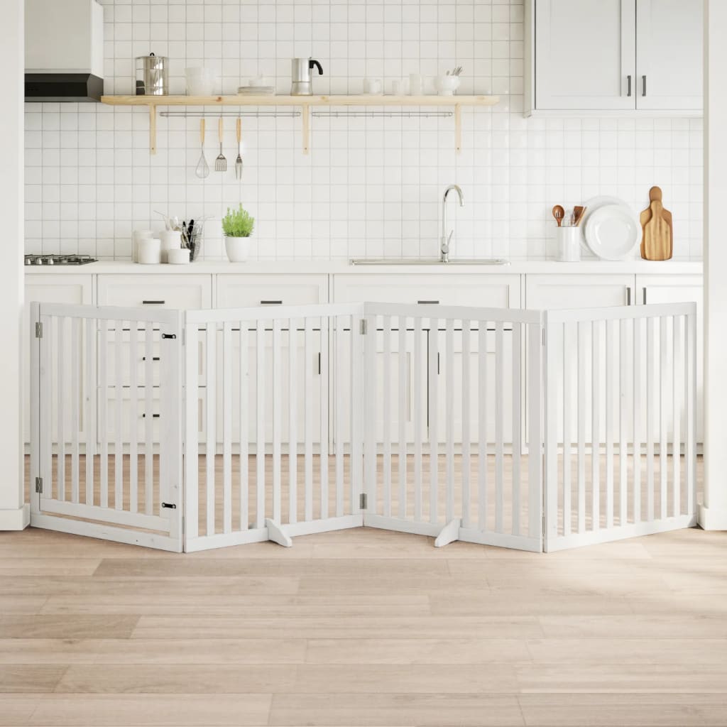 Kokkupandav koeravärav uksega, 4 paneeli, valge 320 cm, pappel