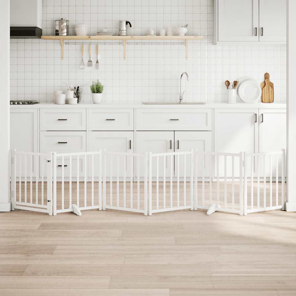 Kokkupandav koeravärav uksega, 6 paneeli, valge 300cm, nulupuit