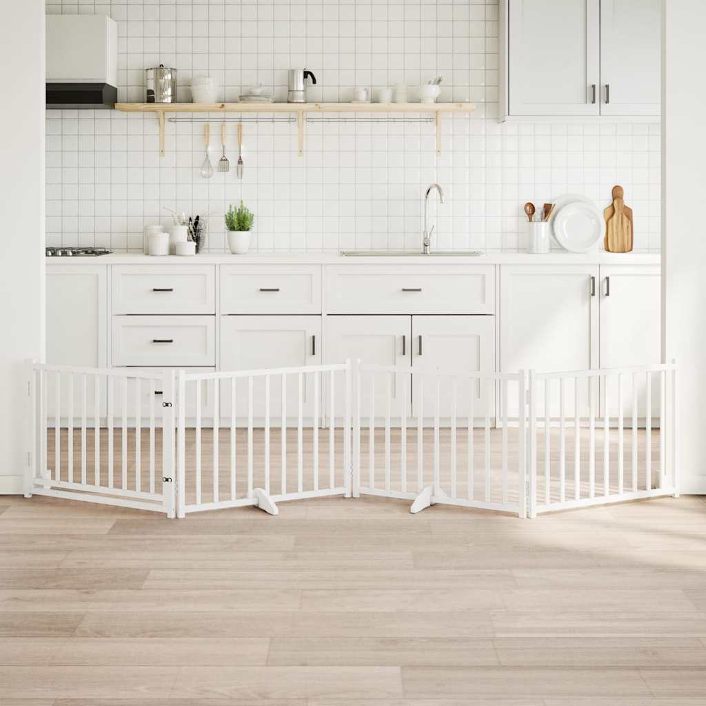 Kokkupandav koeravärav uksega, 4 paneeli, valge 320cm, nulupuit