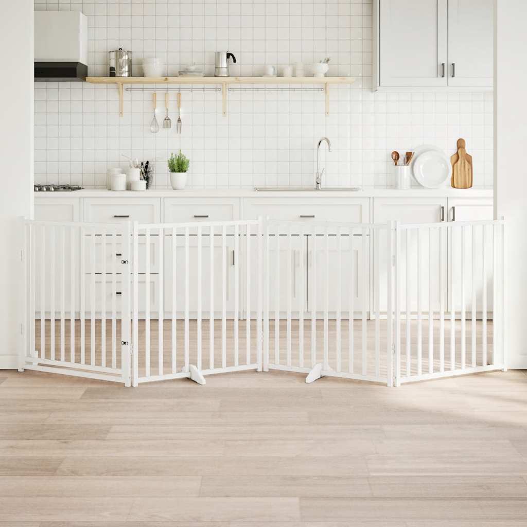 Kokkupandav koeravärav uksega, 4 paneeli, valge 320cm, nulupuit