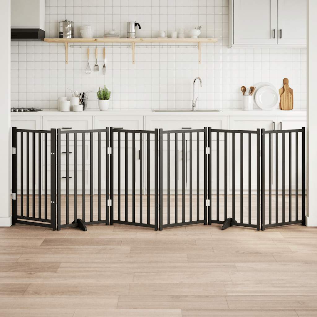 Kokkupandav koeravärav uksega, 6 paneeli, must 300 cm, nulupuit