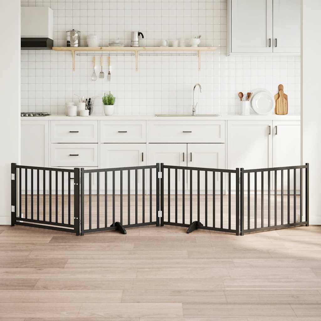 Kokkupandav koeravärav uksega, 4 paneeli, must 320 cm, nulupuit