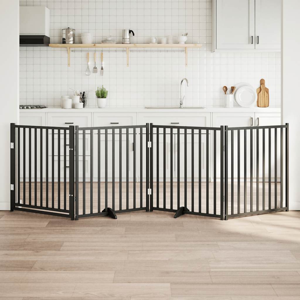 Kokkupandav koeravärav uksega, 4 paneeli, must 320 cm, nulupuit