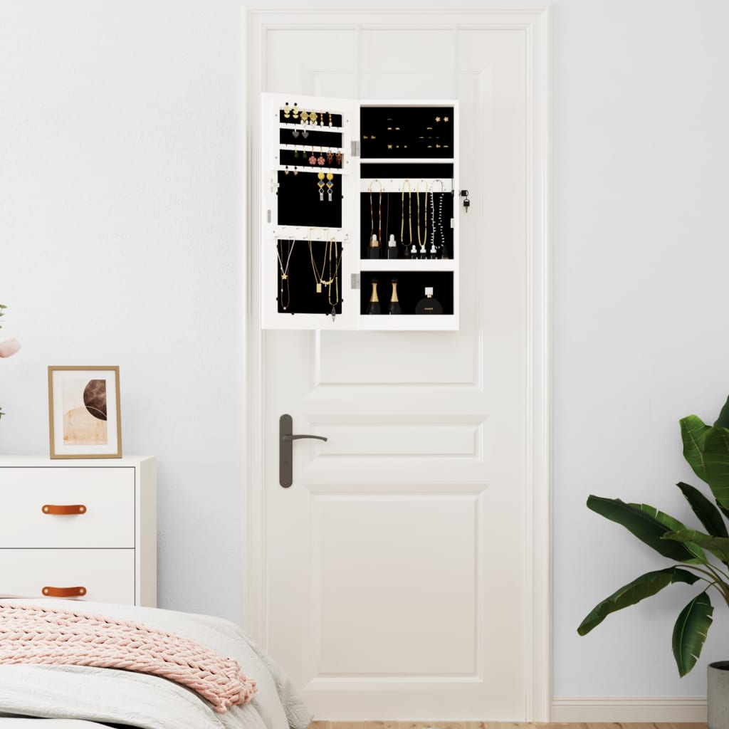 Seinale kinnitatav peegliga ehetekapp, valge, 30 x 8,5 x 67 cm