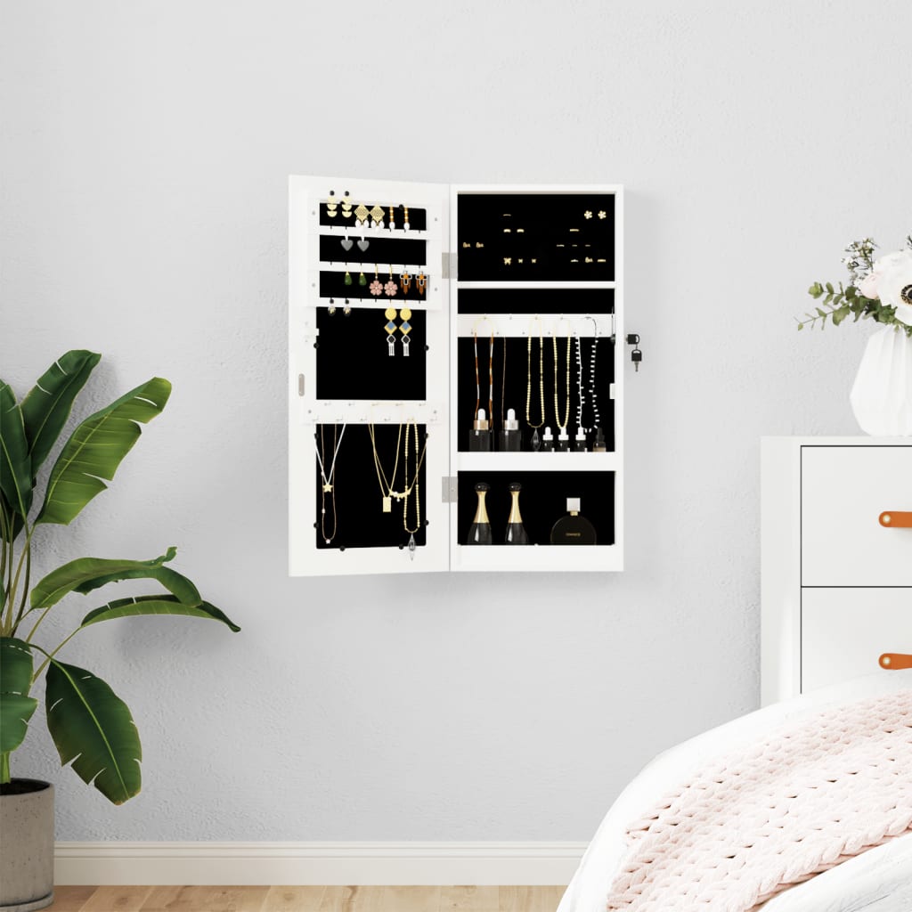 Seinale kinnitatav peegliga ehetekapp, valge, 30 x 8,5 x 67 cm