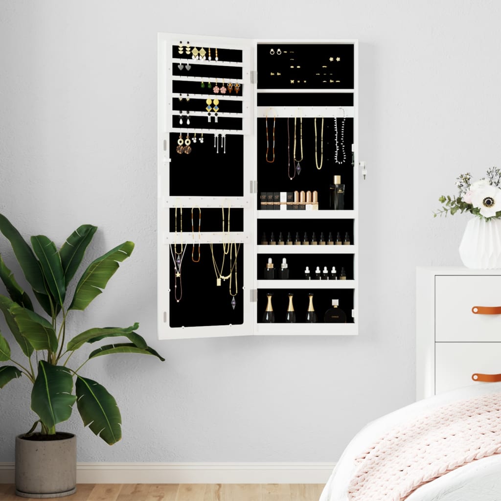 Seinale kinnitatav peegliga ehetekapp, valge, 37,5x10x106 cm