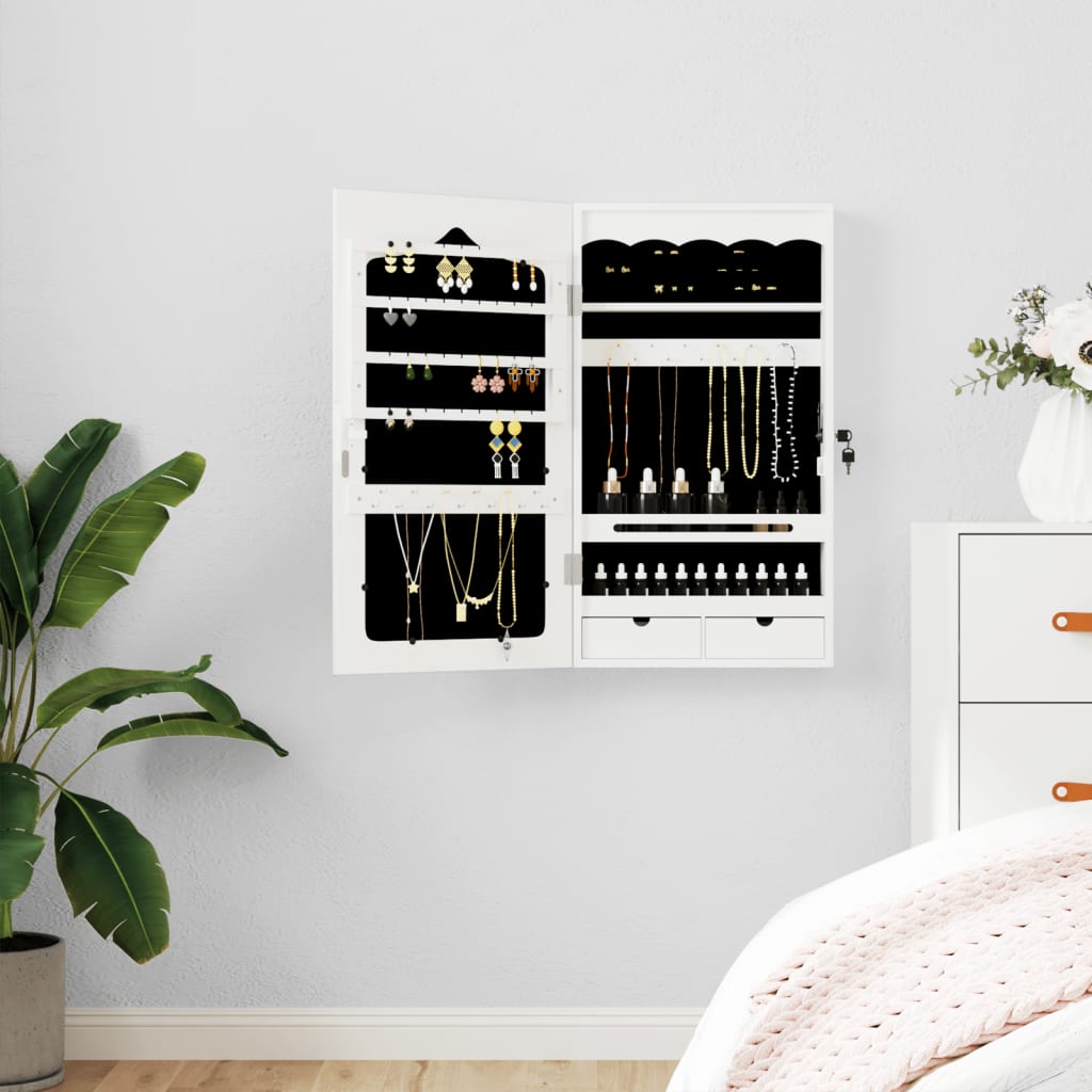 Seinale kinnitatav peegliga ehetekapp, valge, 37,5x10x67 cm