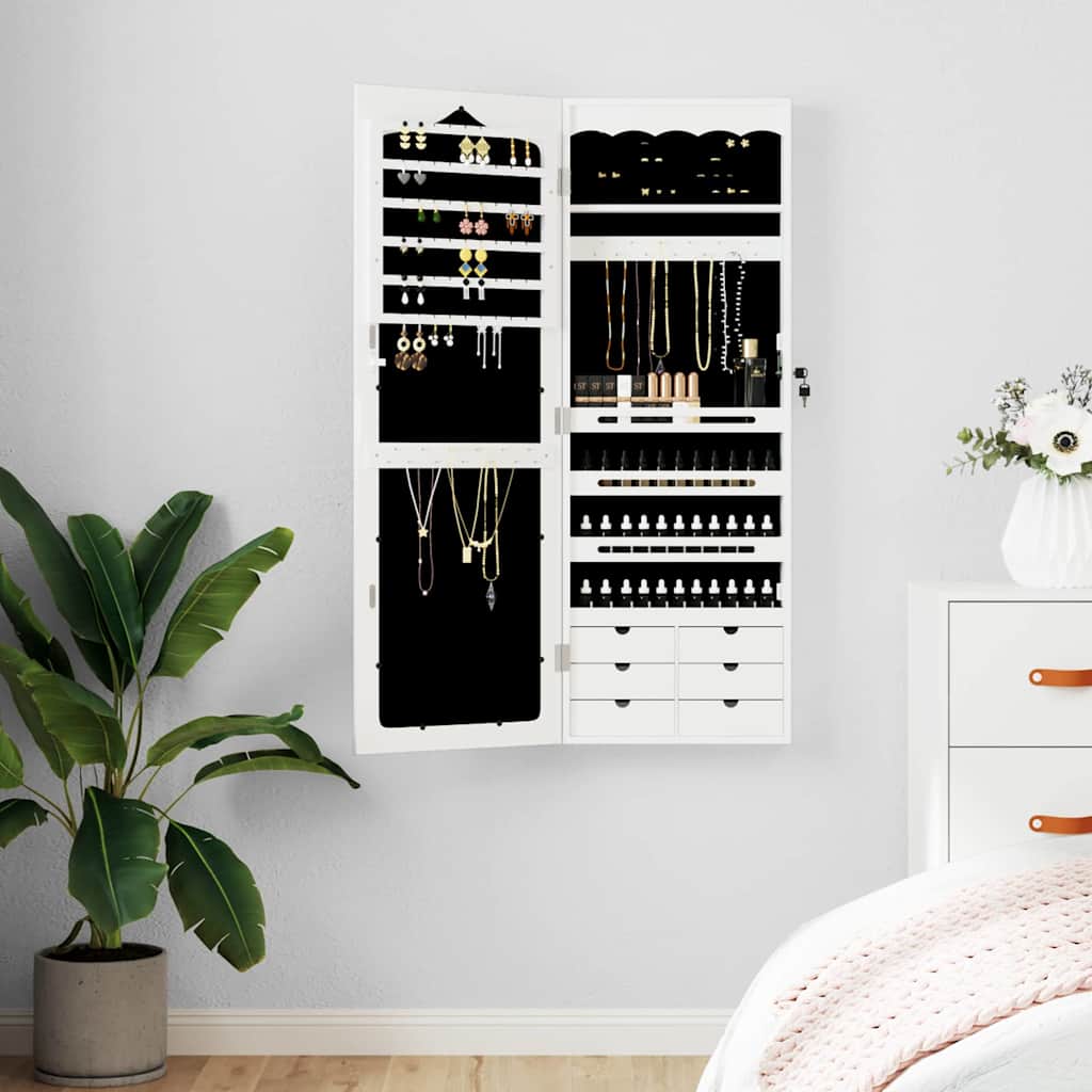 Seinale kinnitatav peegliga ehetekapp, valge, 37,5x10x106 cm