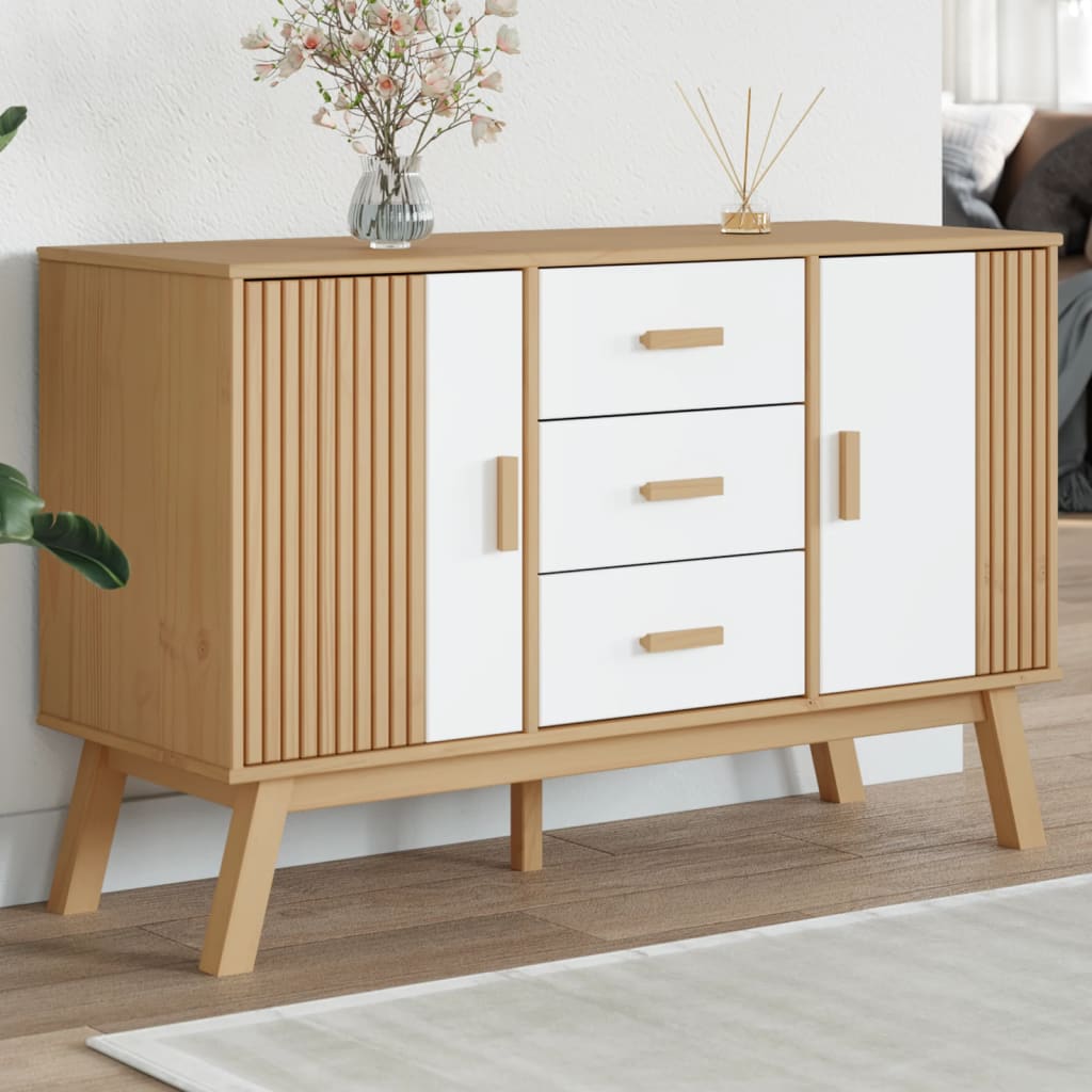 Puhvetkapp "OLDEN", valge ja pruun, 114x43x73,5 cm, männipuit