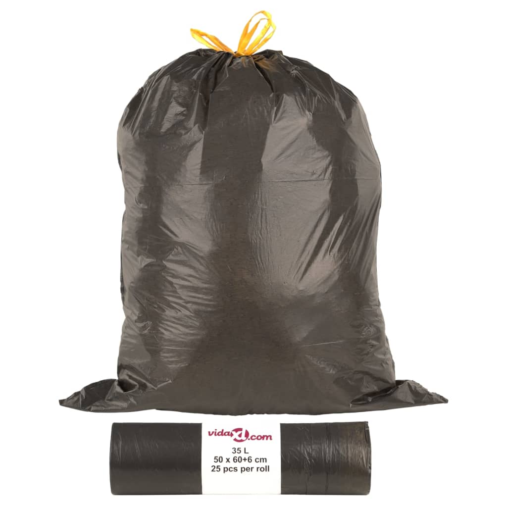 Pingutusnööridega prügikotid 250 tk, must, 35 l