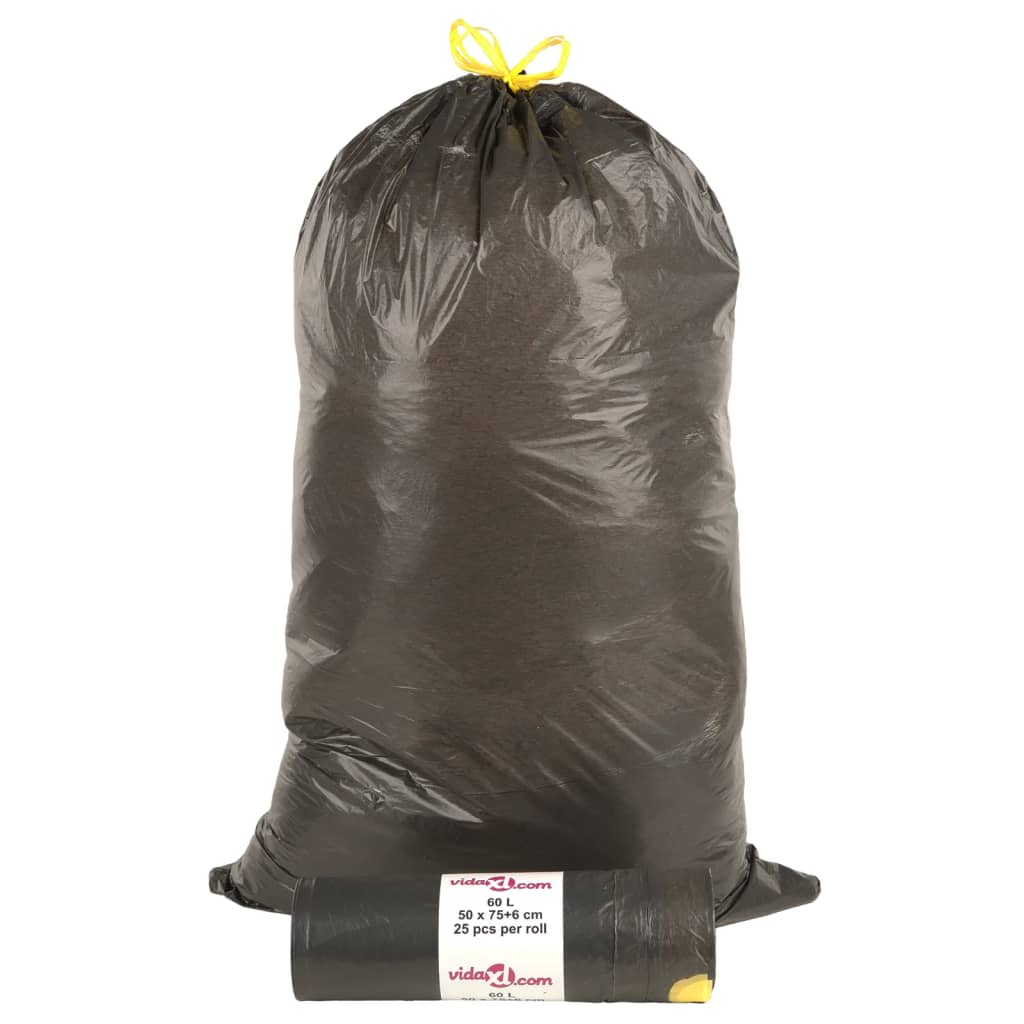 Pingutusnööridega prügikotid 250 tk, must, 60 l