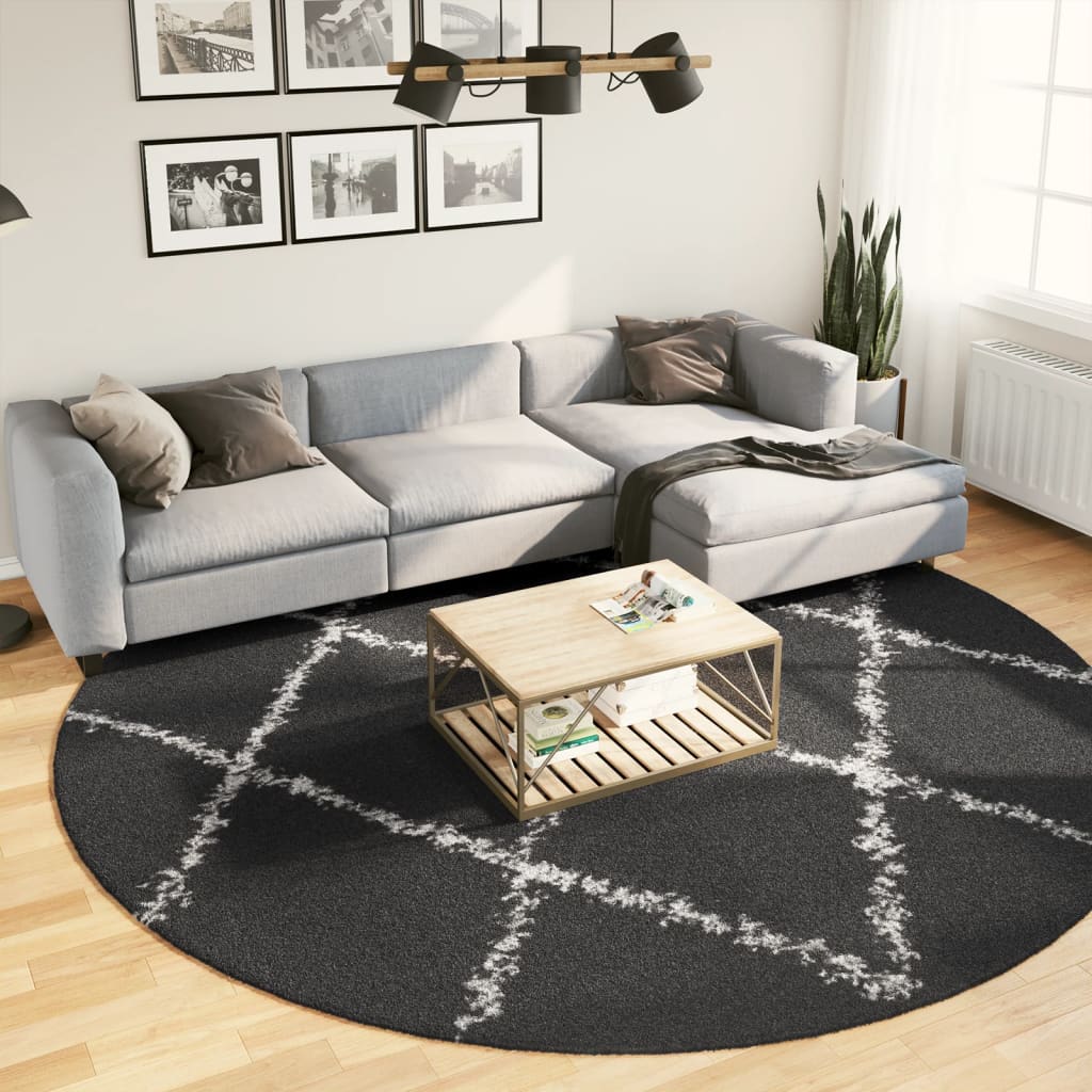 Kõrge narmaga Shaggy vaip "PAMPLONA", must/kreemjas, Ø 280 cm