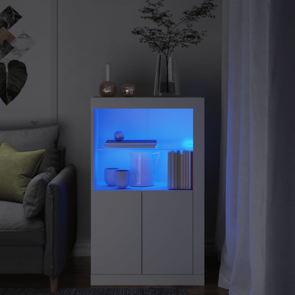 Külgkapp LED-valgustusega, valge, tehispuit