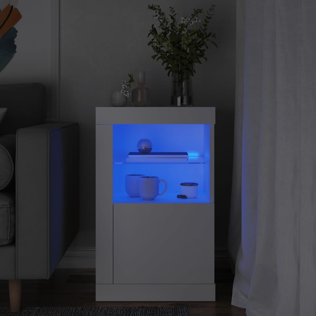 Külgkapp LED-valgustusega, valge, tehispuit