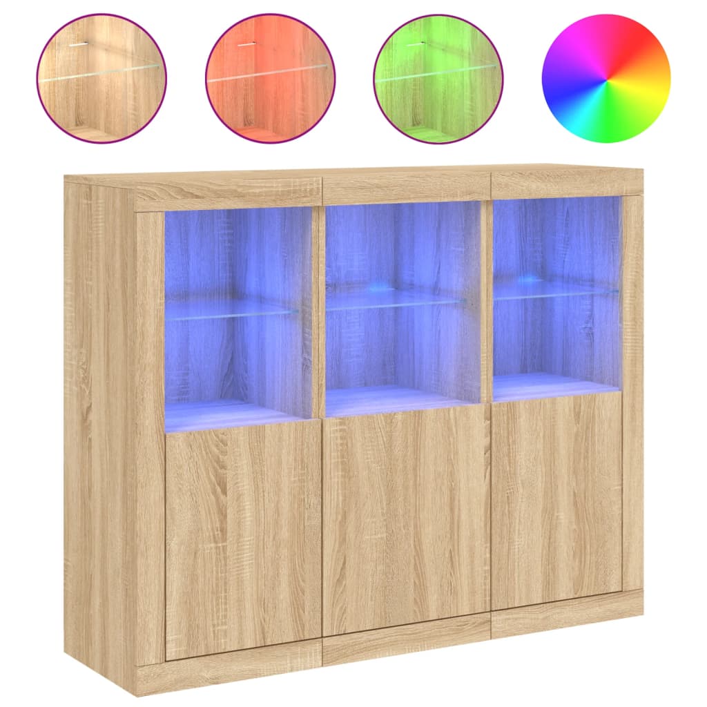 Puhvetkapid LED-tuledega 3 tk, Sonoma tamm, tehispuit