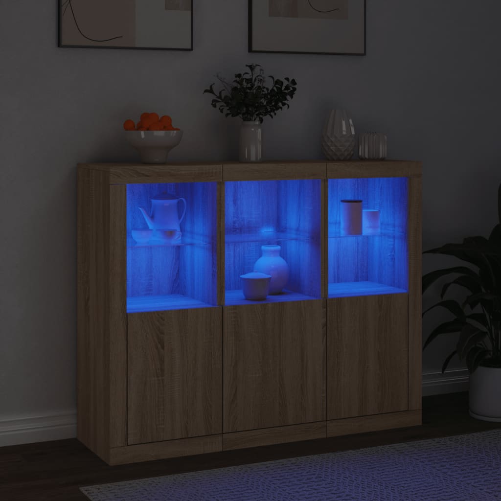 Puhvetkapid LED-tuledega 3 tk, Sonoma tamm, tehispuit