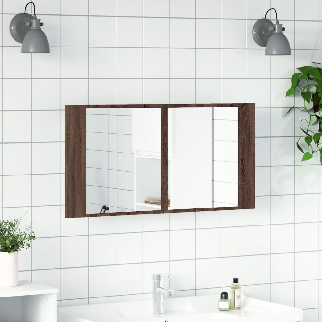 Vannitoa LED-peegelkapp, pruun tamm, 90x12x45 cm, akrüül