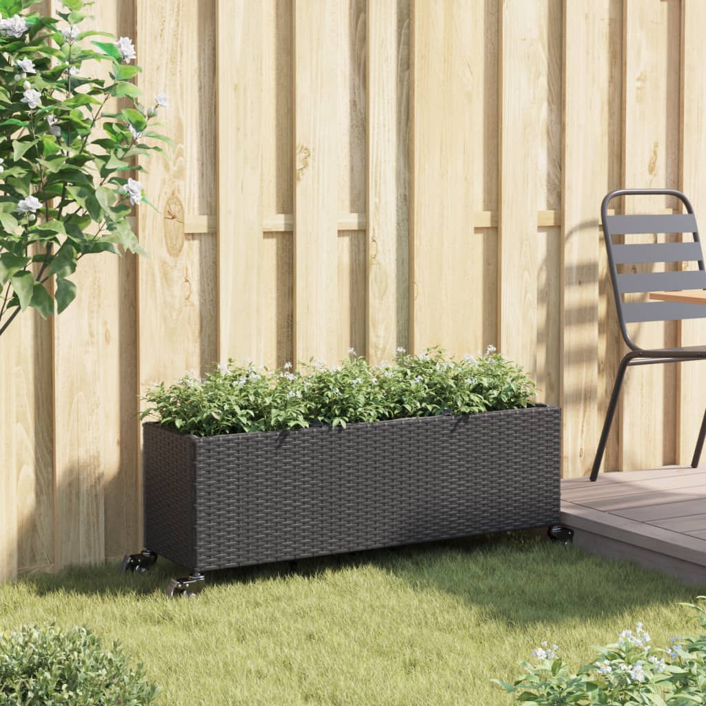 Taimekast rataste ja 3 potiga, must, 107x32x38 cm, polürotang