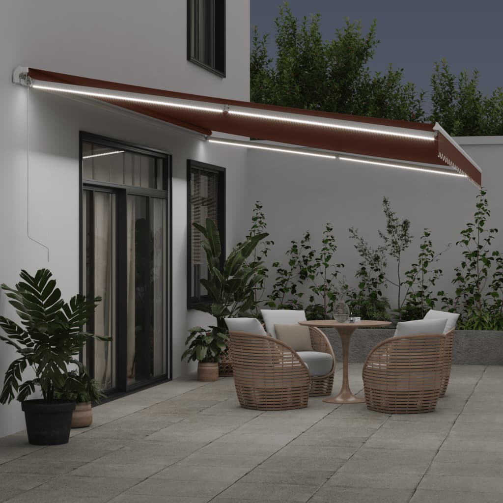 Käsitsi sissetõmmatav varikatus LEDiga, pruun, 600 x 350 cm
