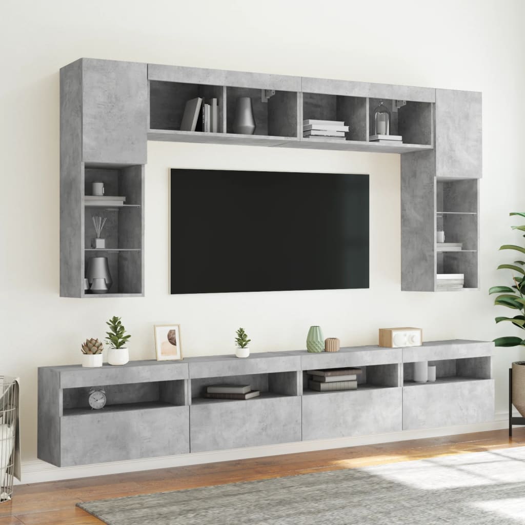8-osaline teleri seinakappide komplekt LED-tuledega, betoonhall