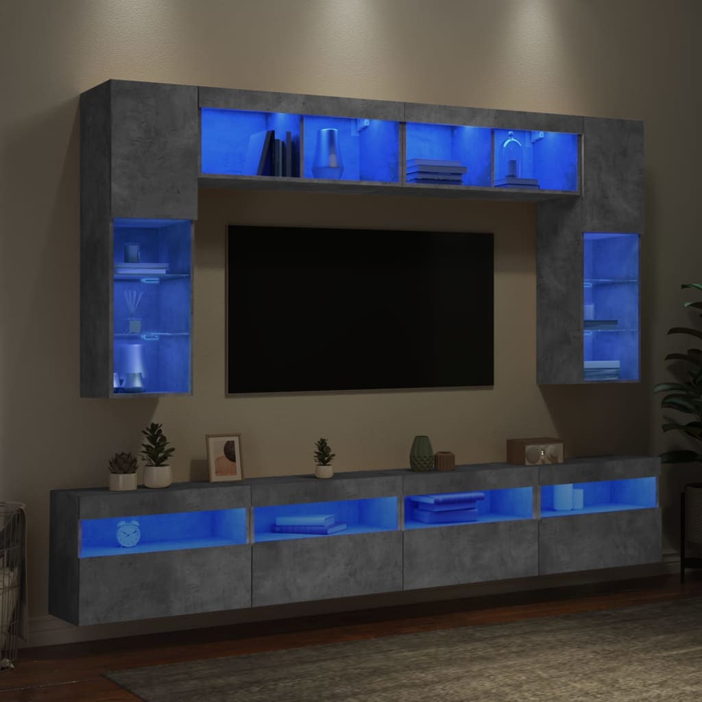 8-osaline teleri seinakappide komplekt LED-tuledega, betoonhall