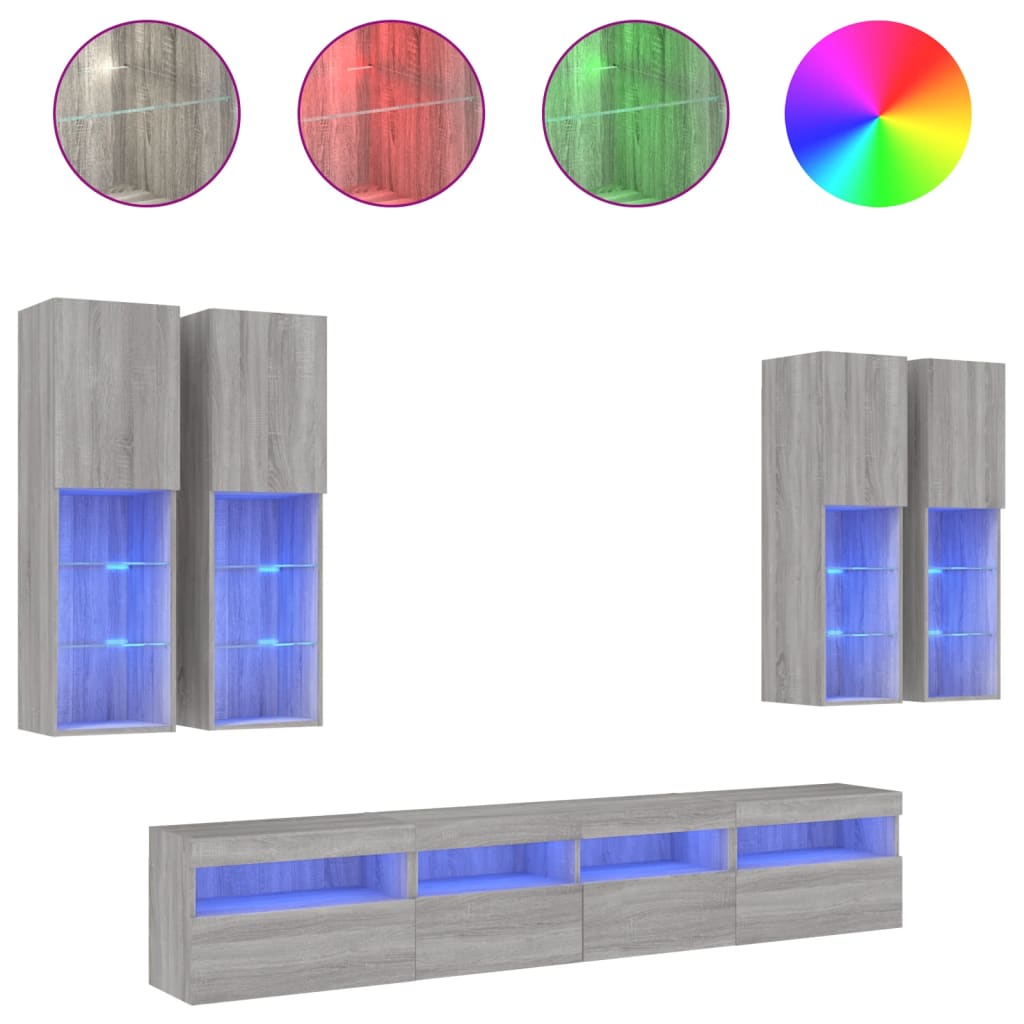 7-osaline teleri seinakappide komplekt LED-idega, hall Sonoma