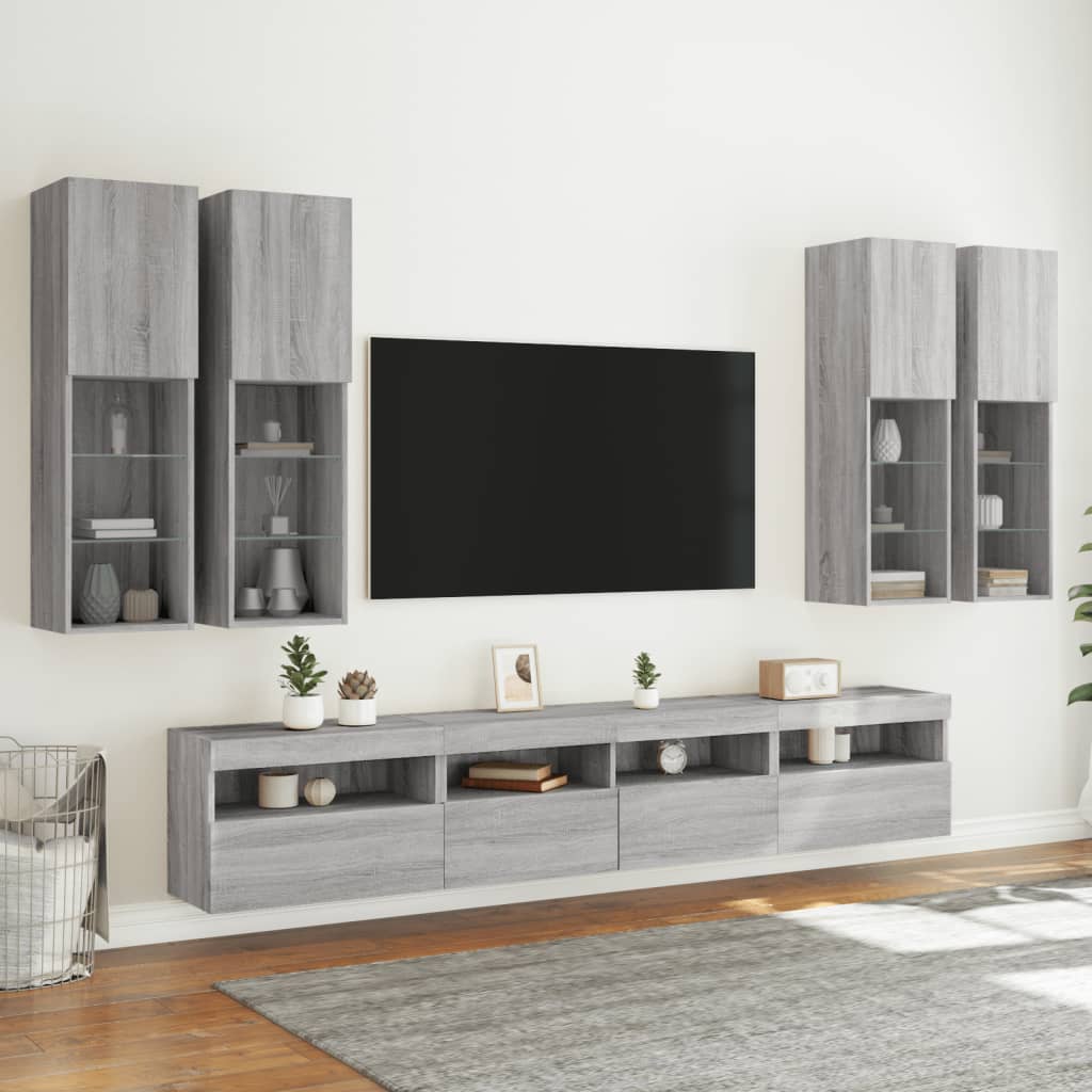 7-osaline teleri seinakappide komplekt LED-idega, hall Sonoma