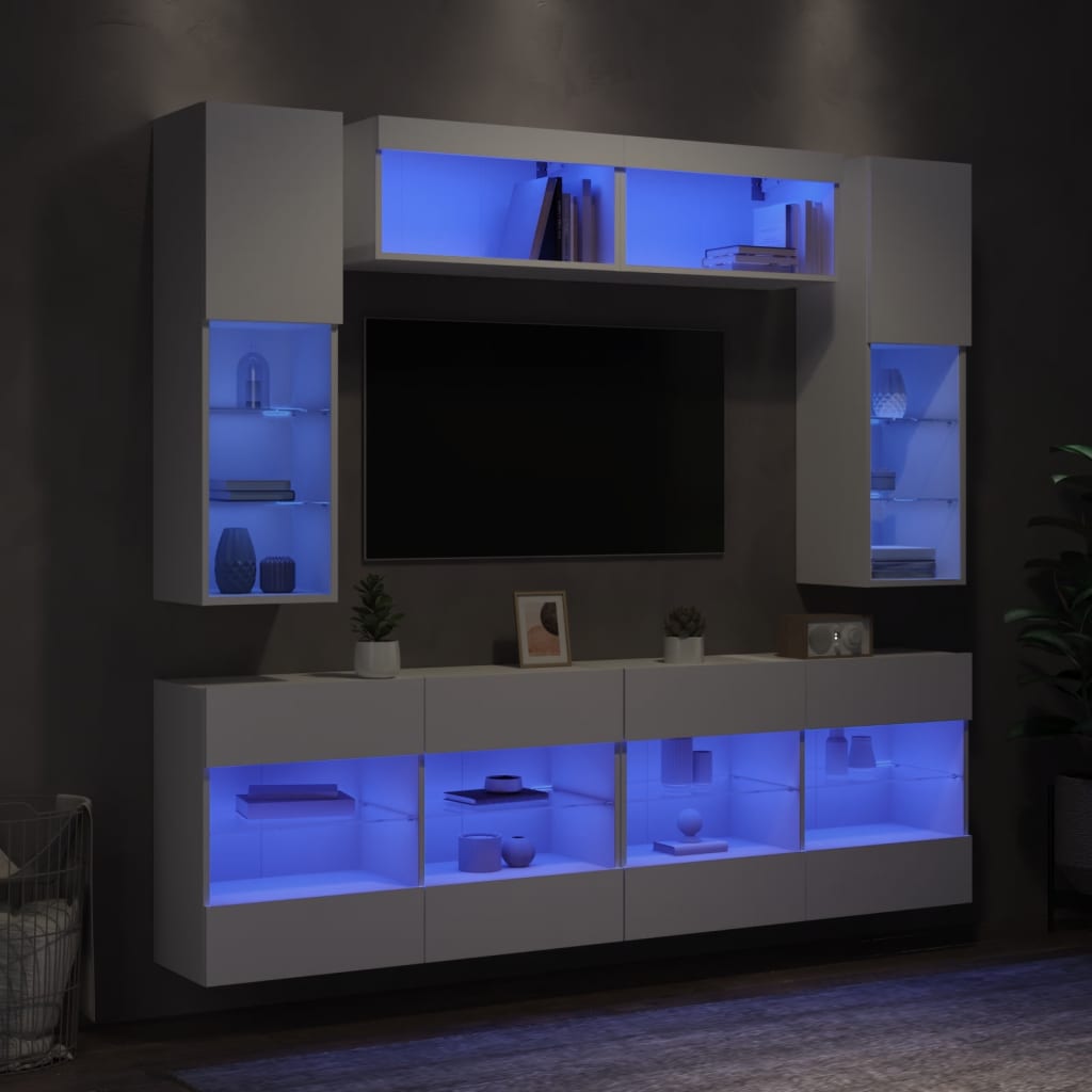 6-osaline teleri seinakappide komplekt LED-tuledega, valge