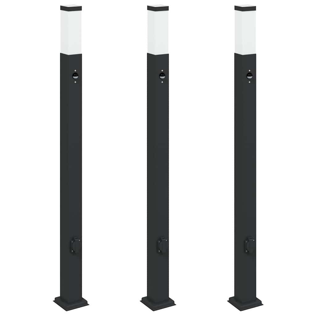Anduri ja pistikupesaga postvalgustid, 3 tk, 110 cm, mustad, IP44