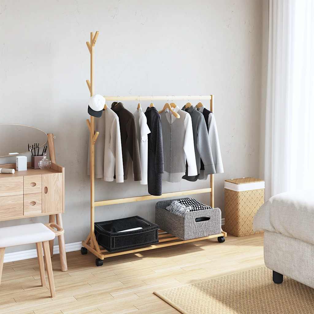 Riidenagi konksude ja ratastega 100x35x157 cm bambusest