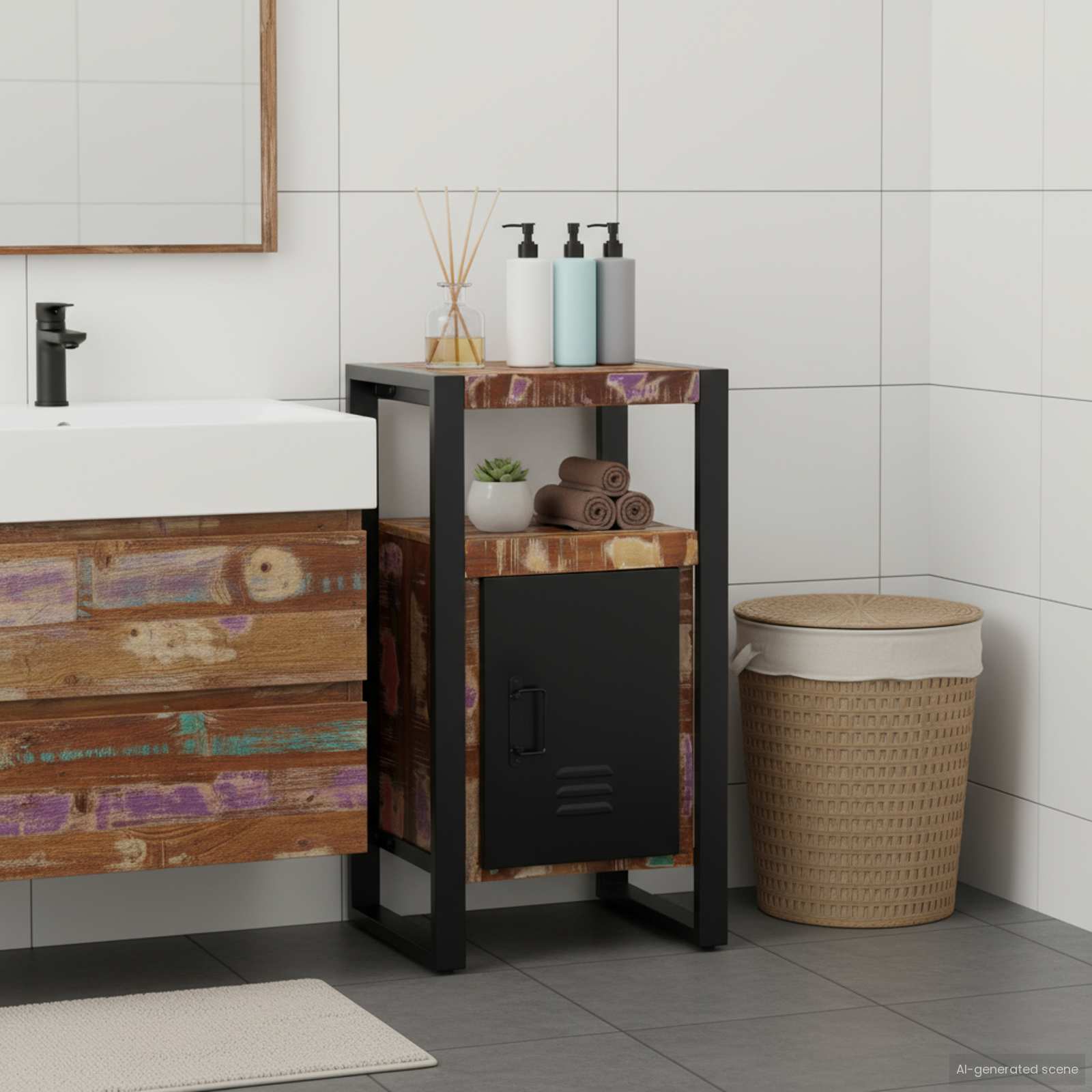 Vannitoa kapp uksega Pruun 40 x 35 x 75 cm Tugev taastatud puit
