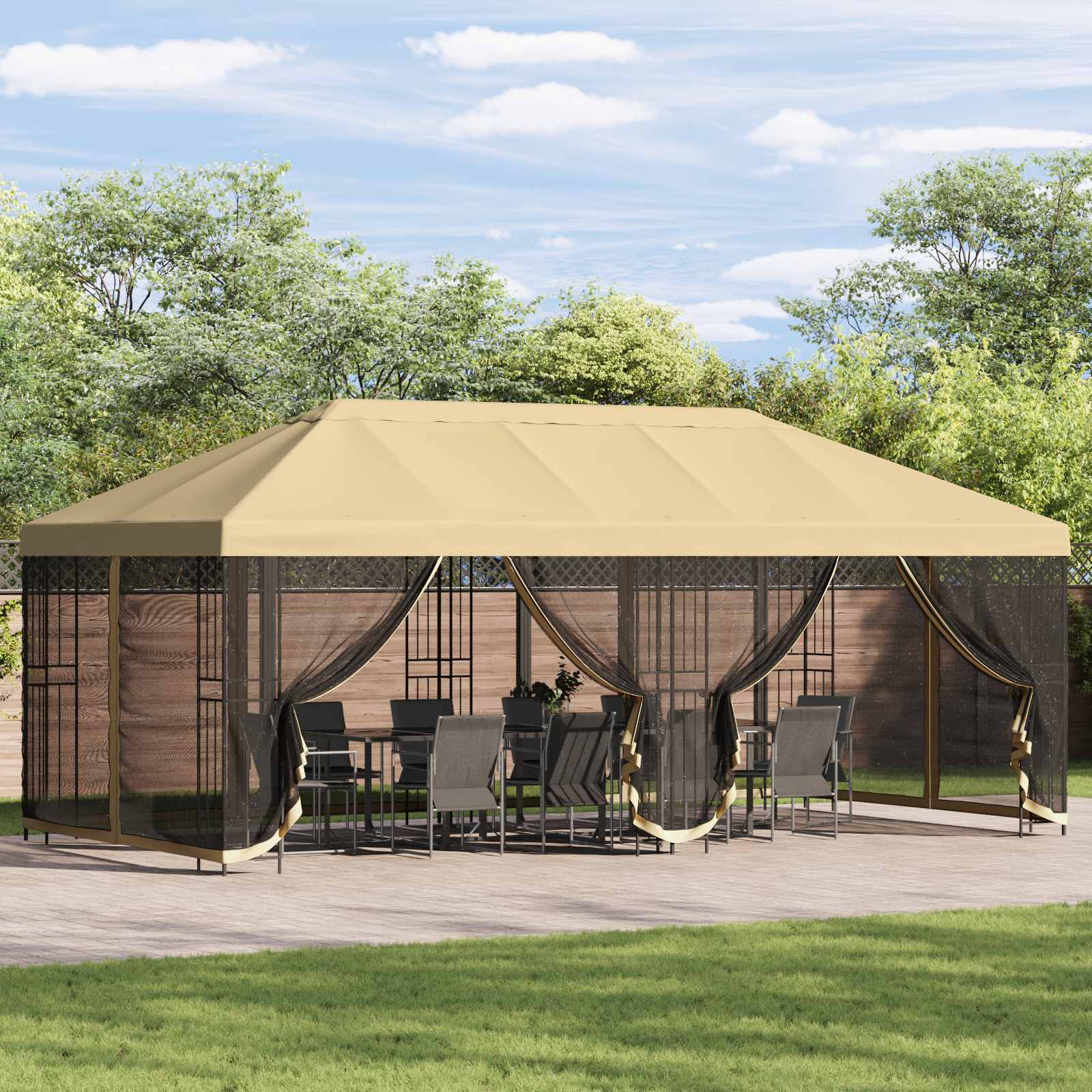 Paviljon külgseinadega 6 x 3 m Kreemjas Polüester ja teras