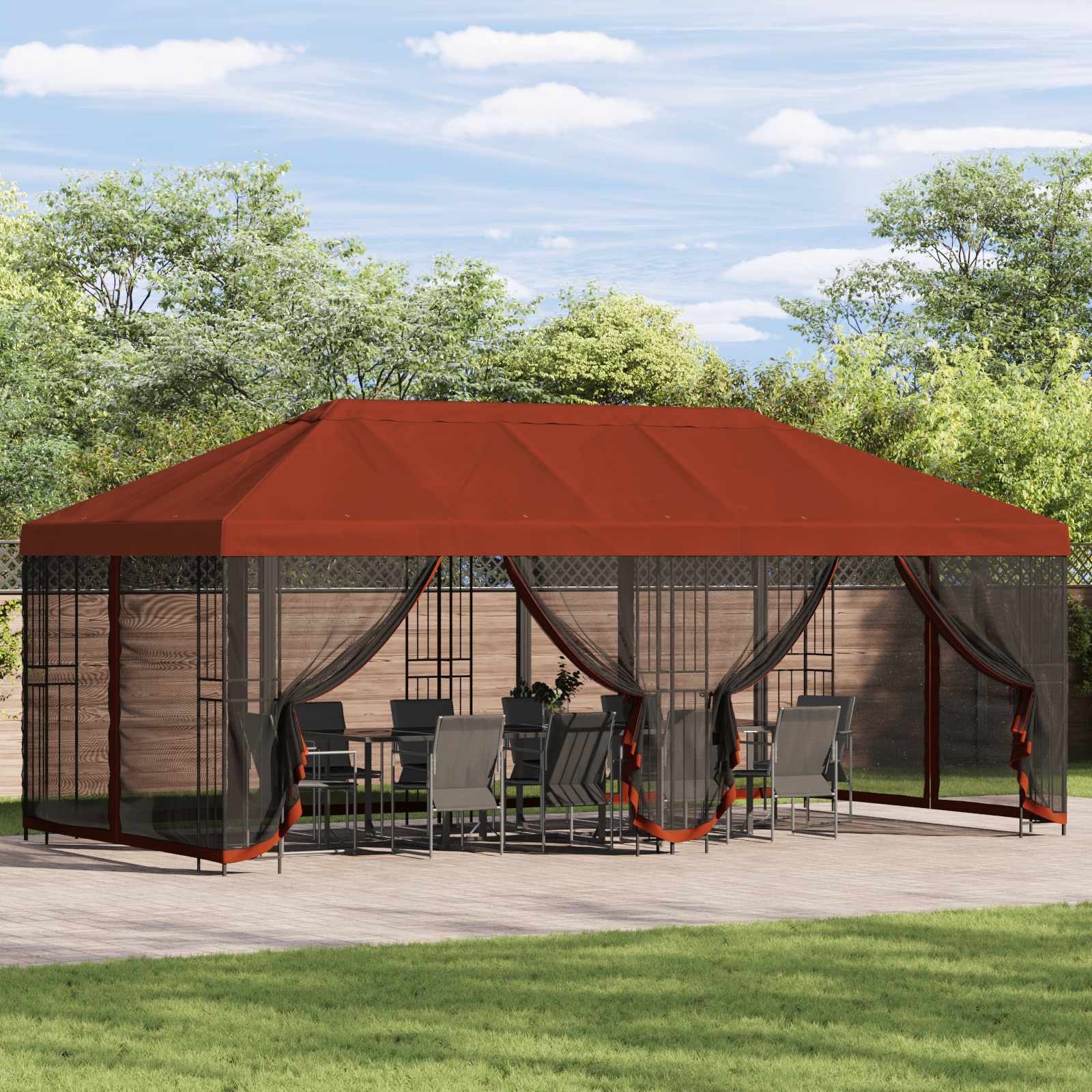 Paviljon külgseinadega 6 x 3 m Terrakota Polüester ja teras