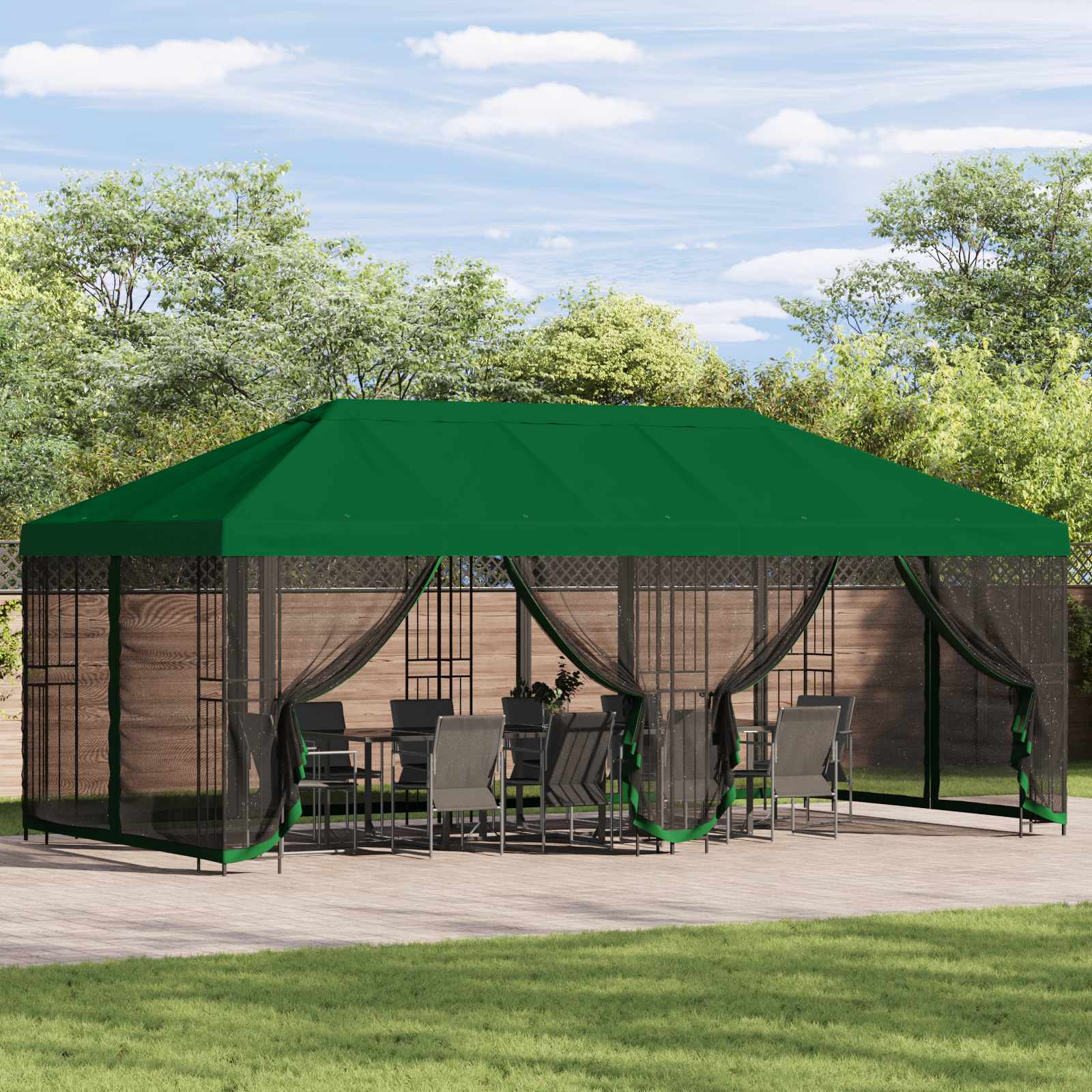Paviljon külgseinadega 6 x 3 m Roheline Polüester ja teras