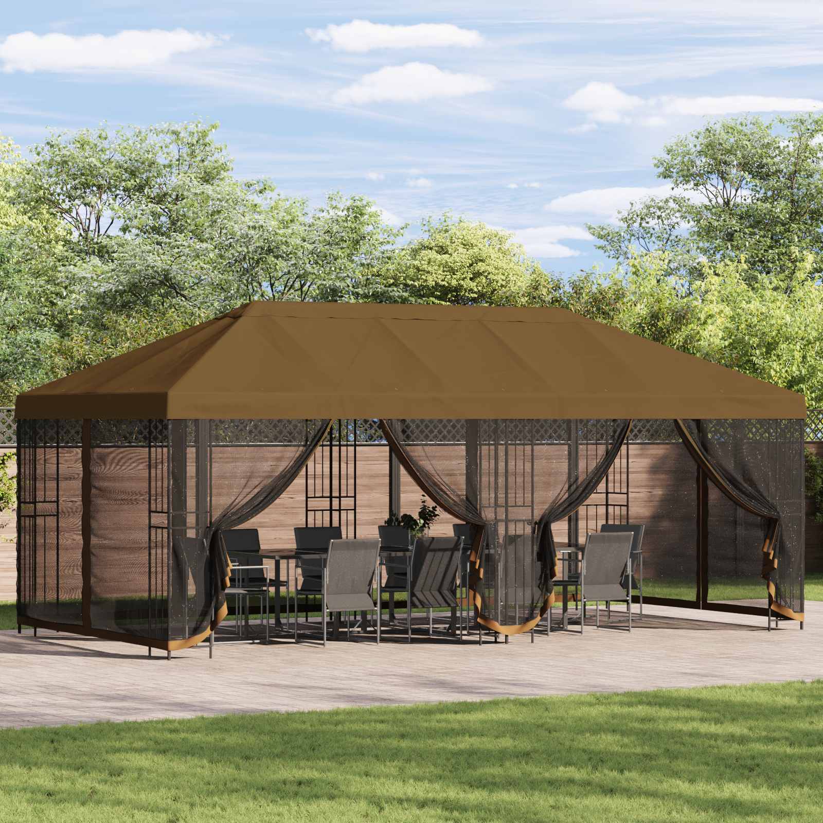 Paviljon külgseinadega 6 x 3 m Pruunikashall Polüester ja teras