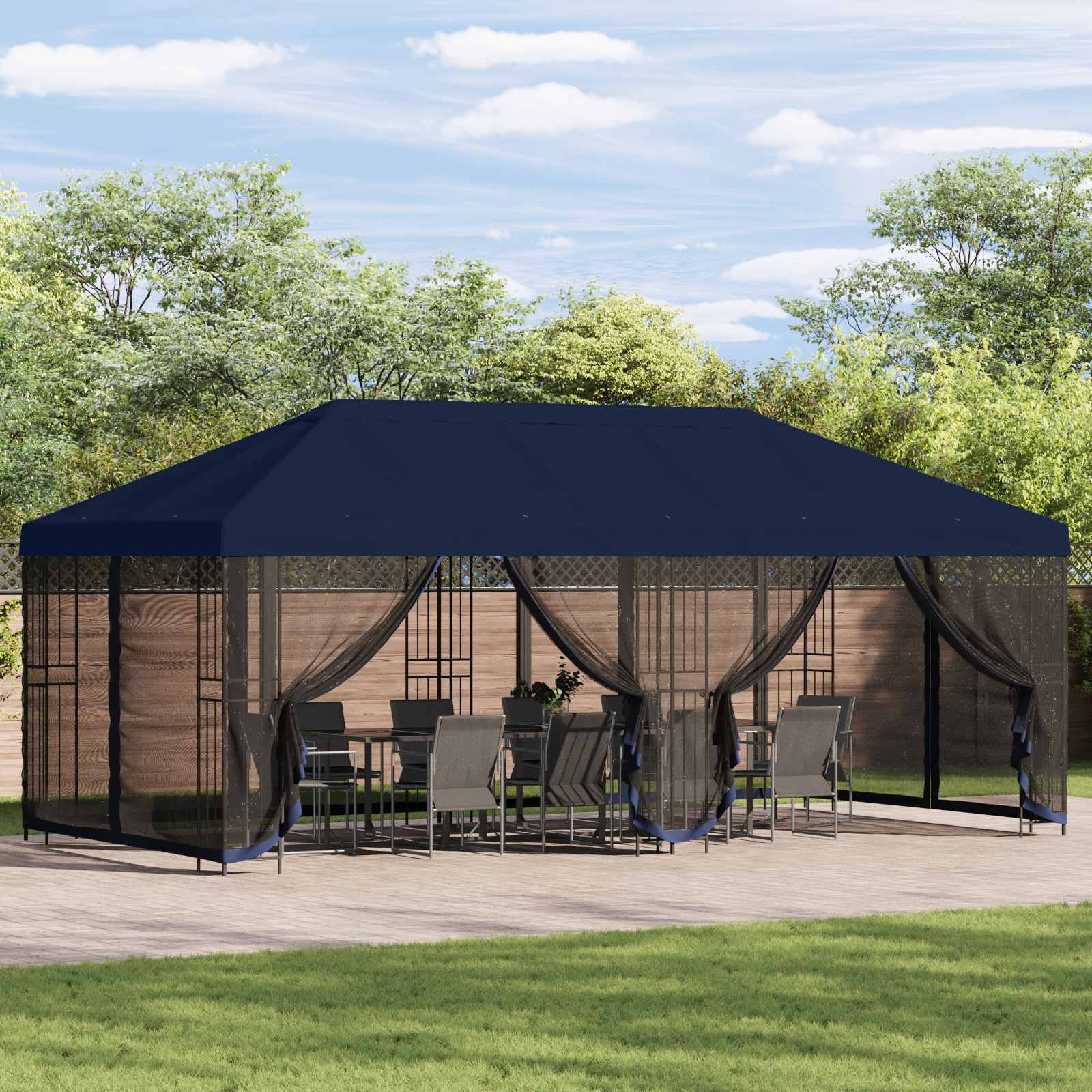 Paviljon külgseinadega 6 x 3 m Sinine Polüester ja teras