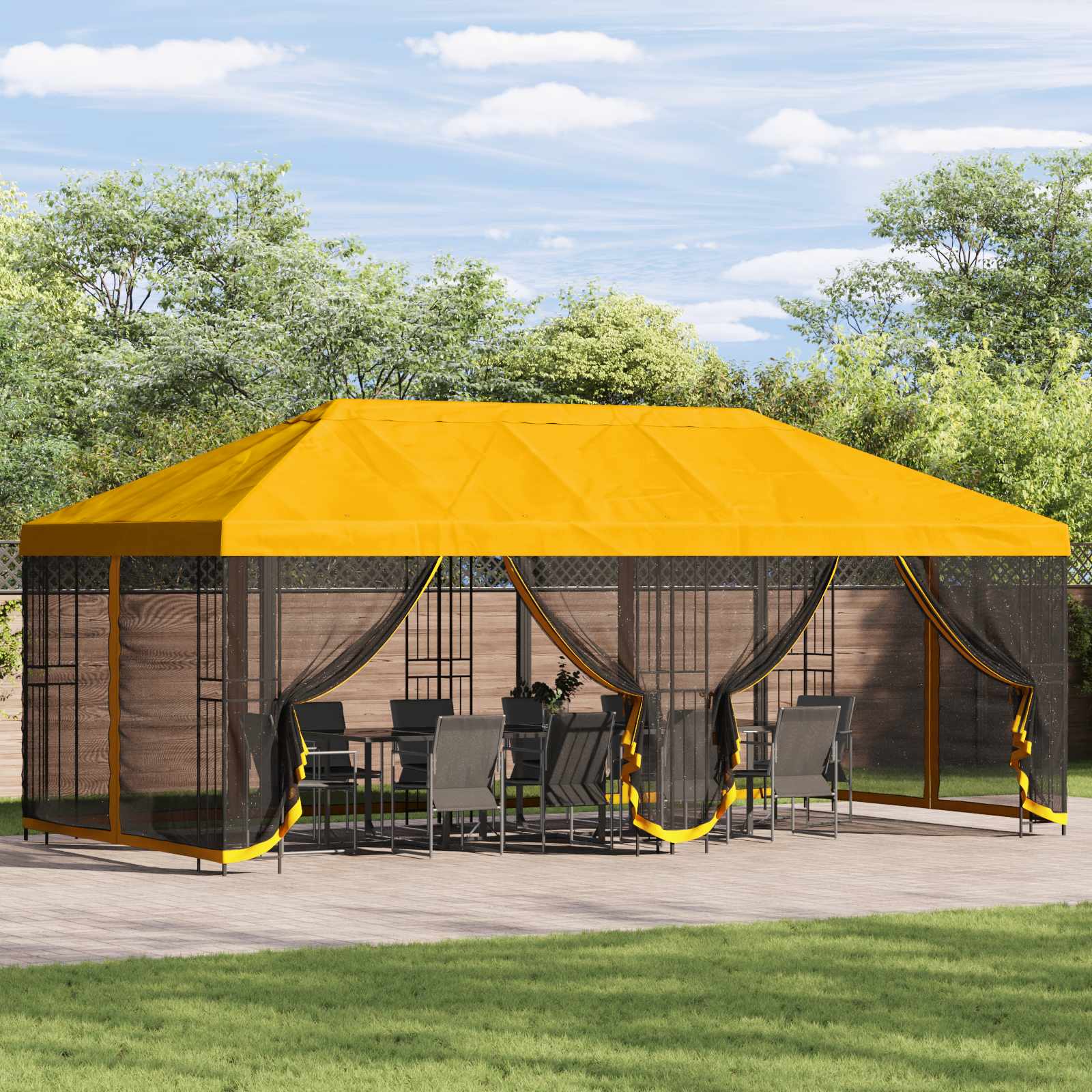 Paviljon külgseinadega 6 x 3 m Kollane Polüester ja teras