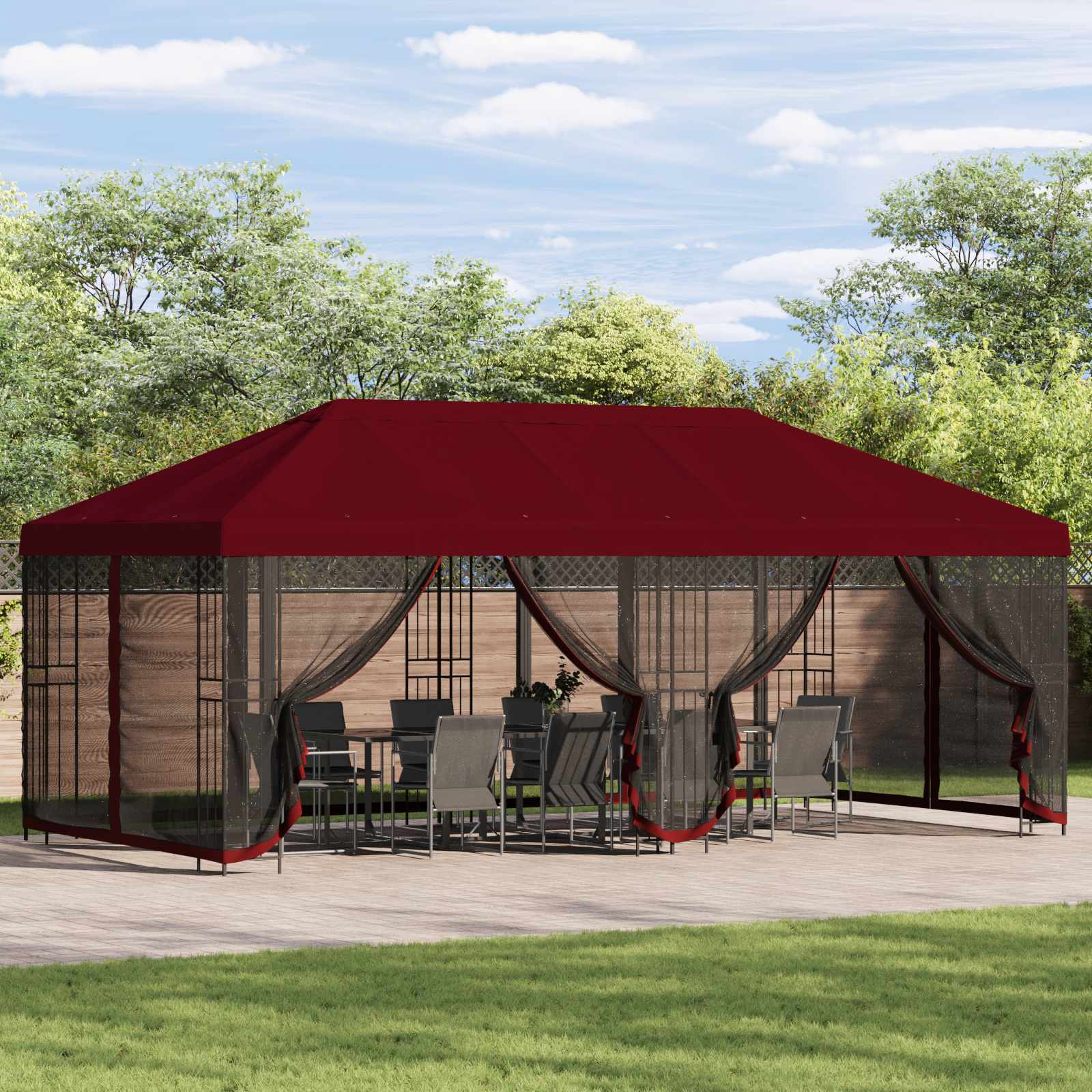 Paviljon külgseinadega 6 x 3 m Veinipunane Polüester ja teras