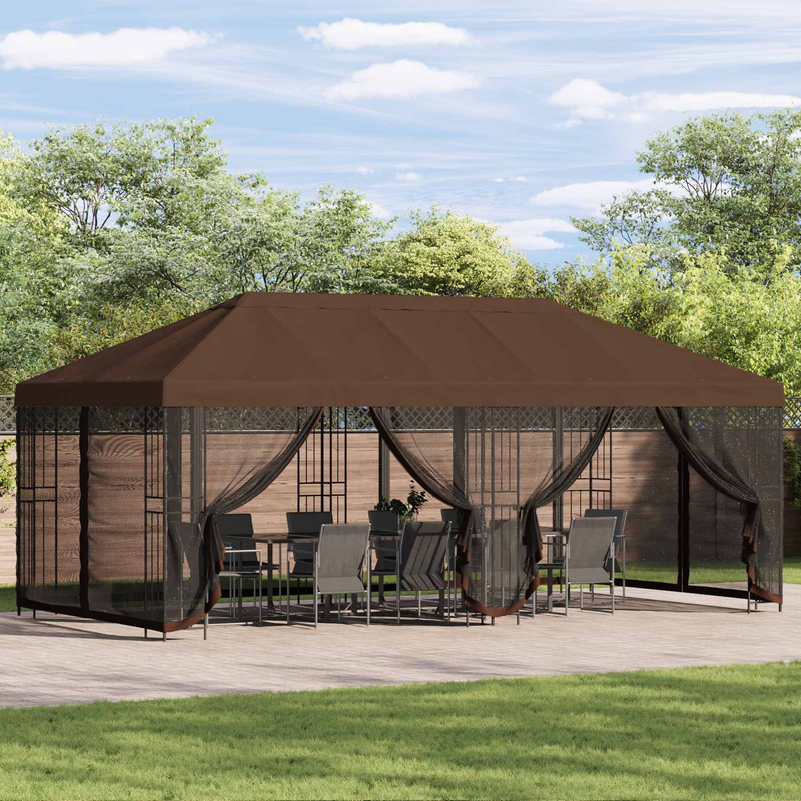 Paviljon külgseinadega 6 x 3 m Pruun Polüester ja teras 190 gsm