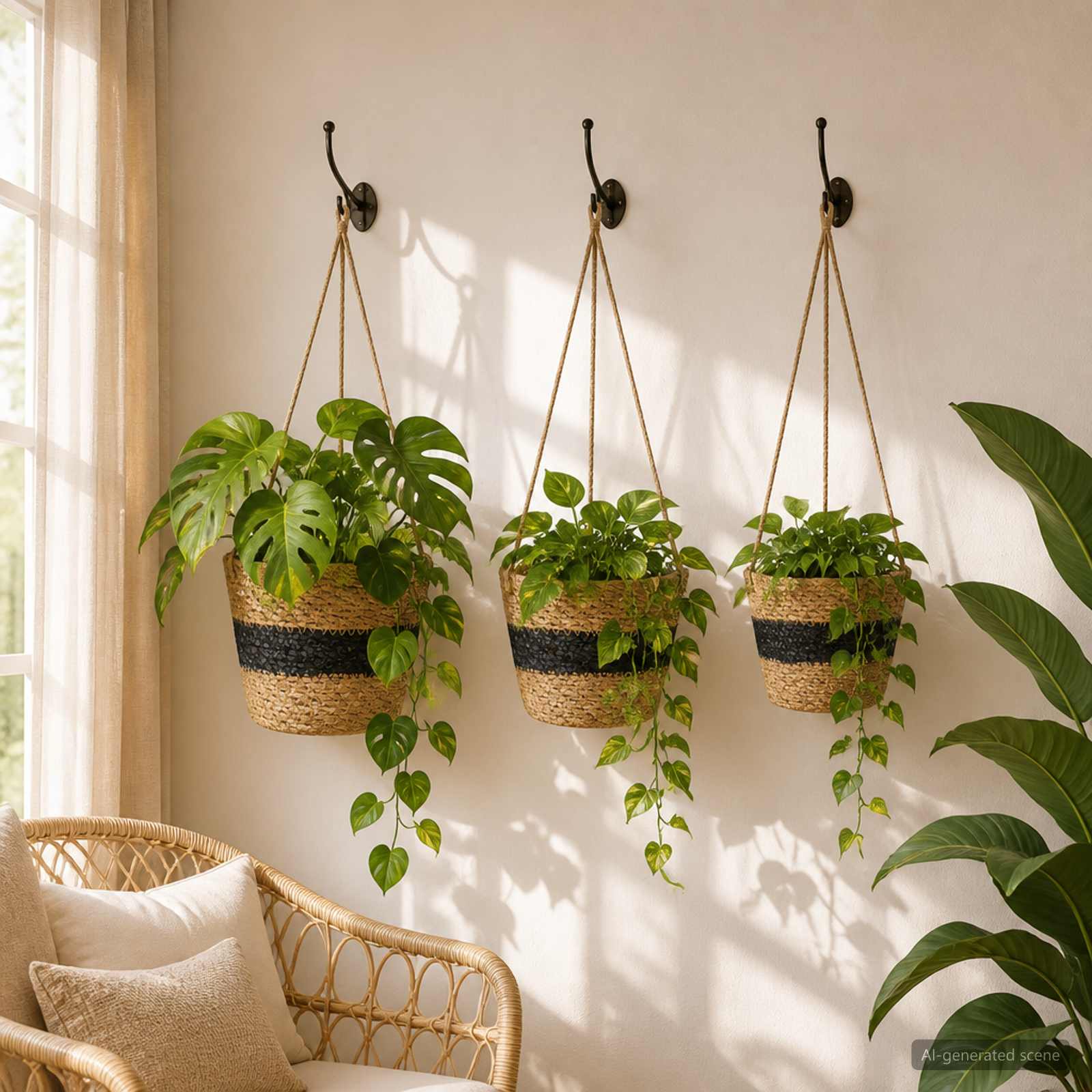 Hanging Plant Pot 3 tk Naturaalne ja must Ø26 x 19 cm