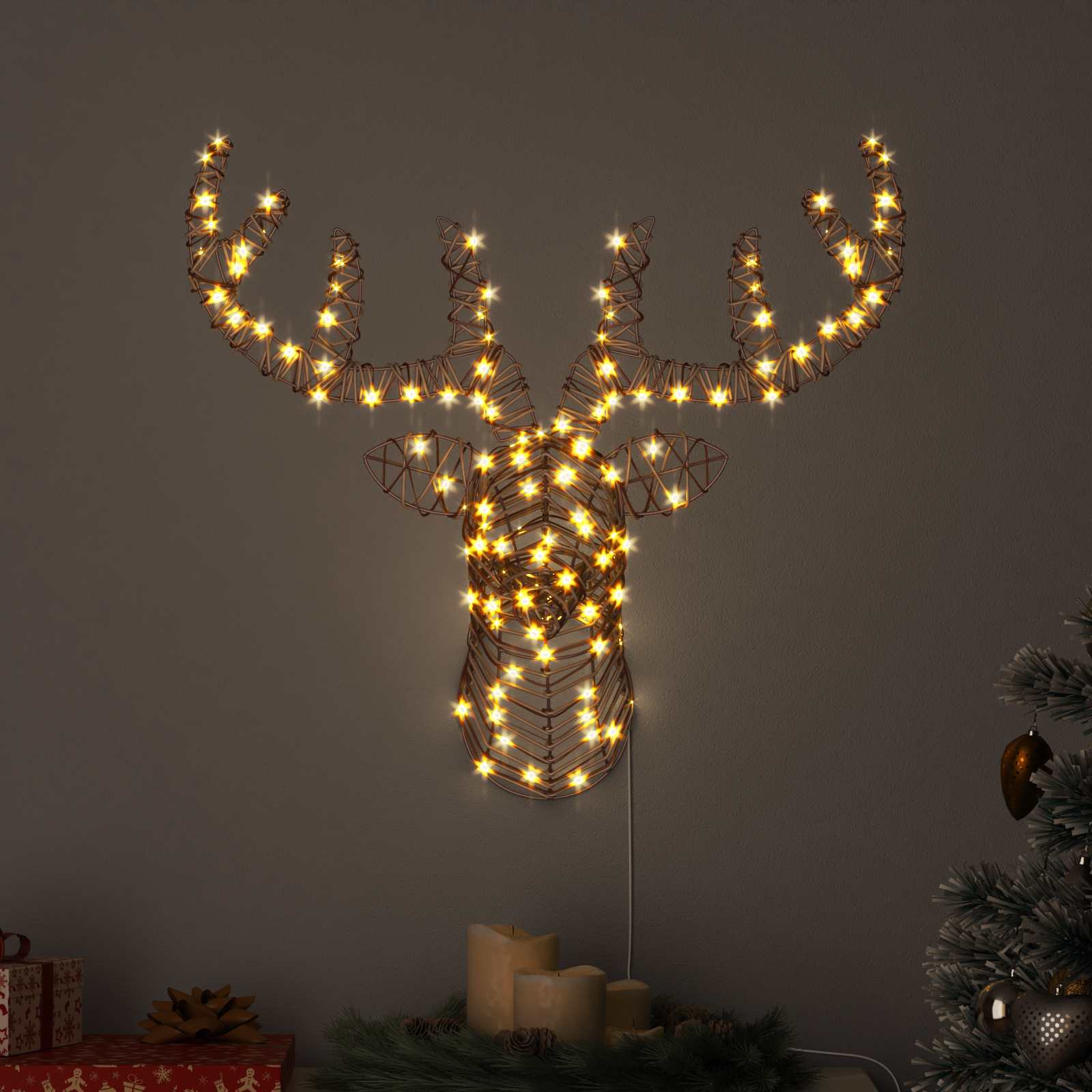 Põdra Tõukesaan 140 LED-i Soe valge 68 x 36,5 x 62,5 cm Rotang