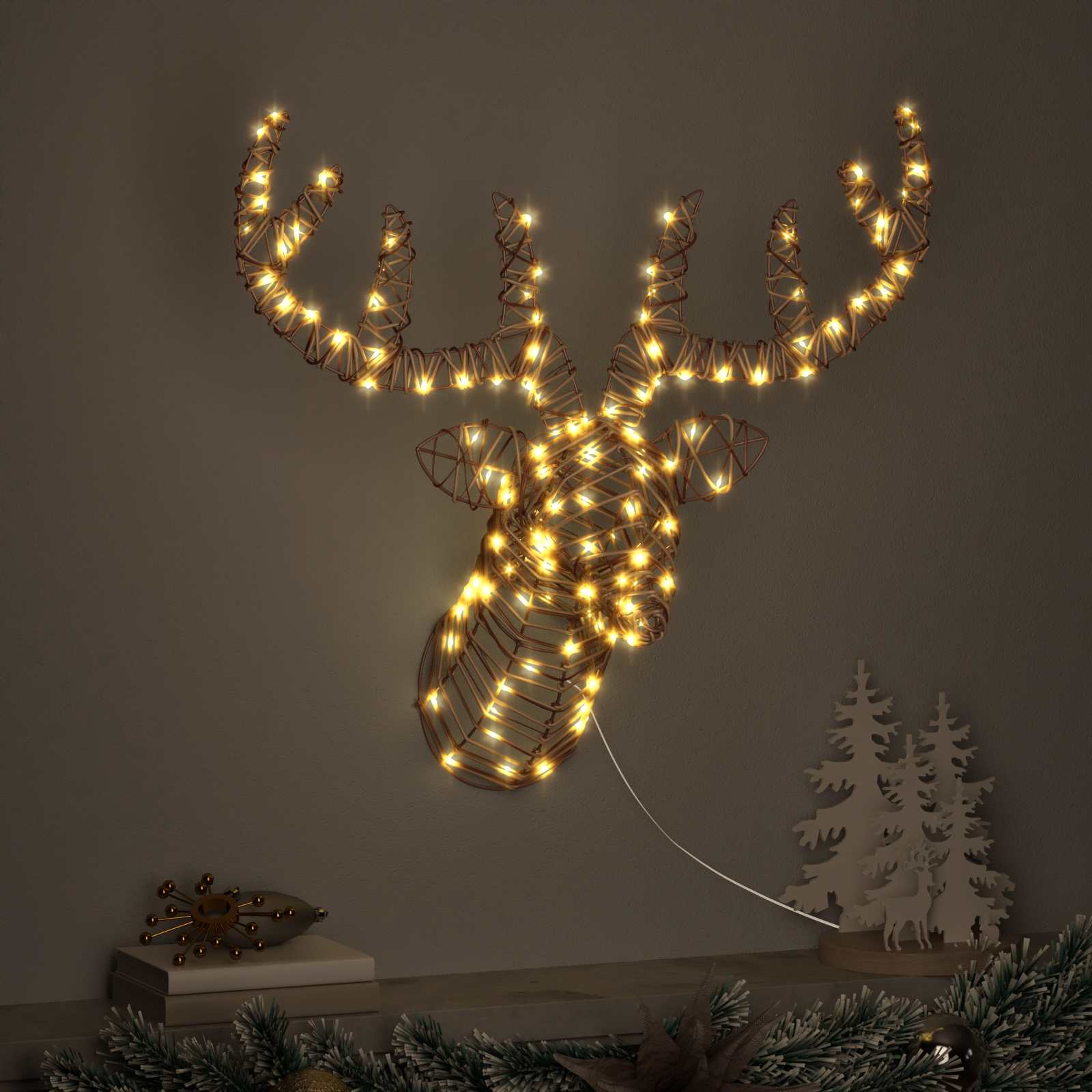 Põdra Tõukesaan 140 LED-i Soe valge 68 x 36,5 x 62,5 cm Rotang