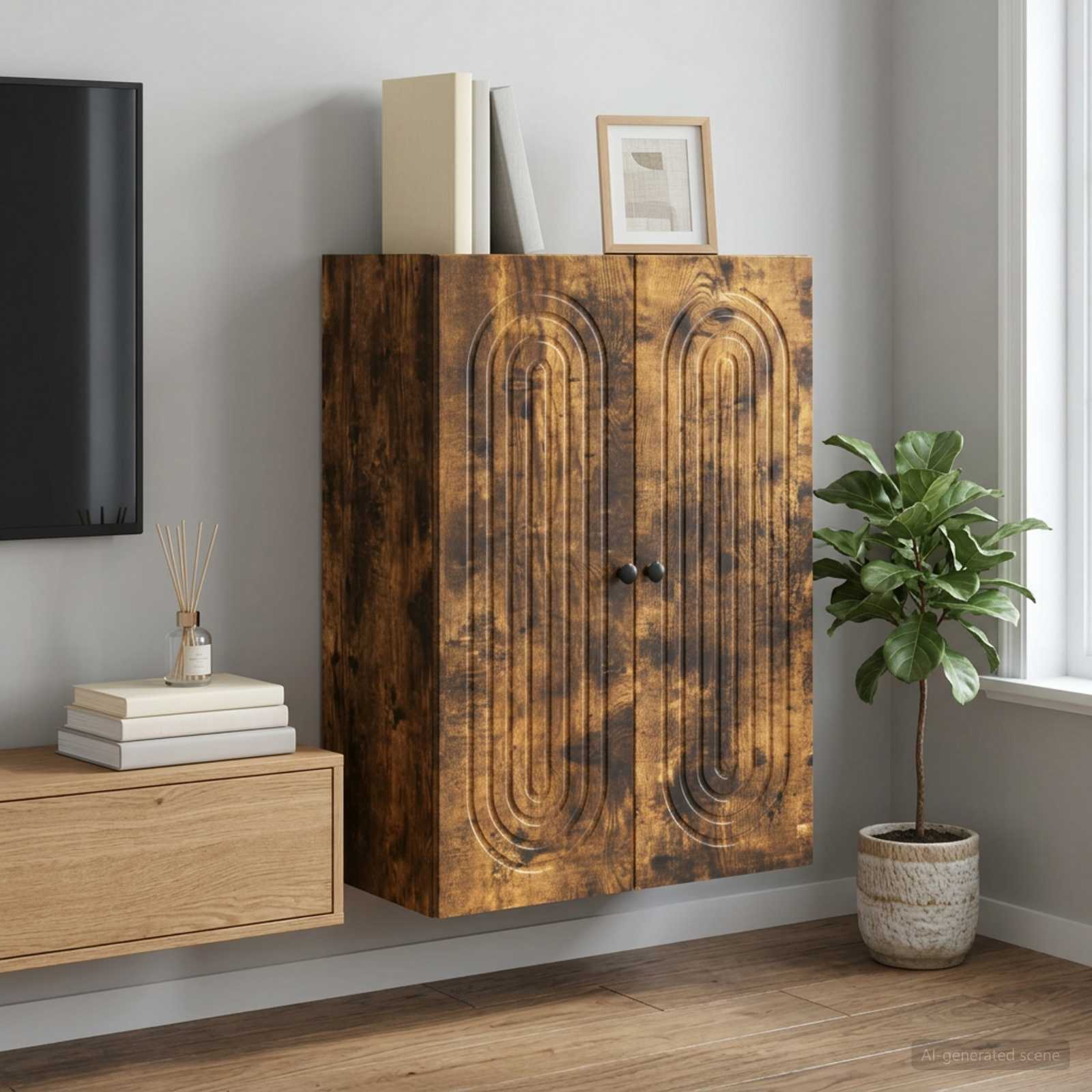 Seinale kinnitatav kapp Suitsutatud tamm 66 x 34,5 x 90 cm