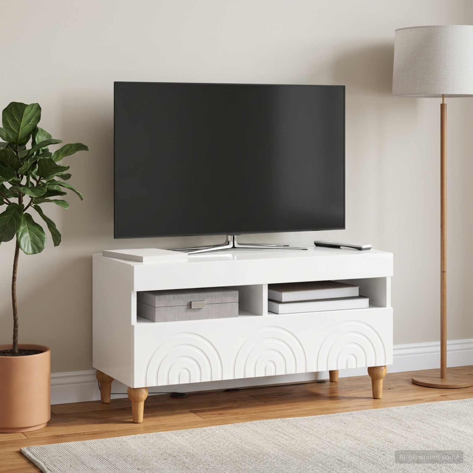 LED TV kapp ALKMAAR 81 x 35 x 43 cm Kõrgläikega valge Tehispuit