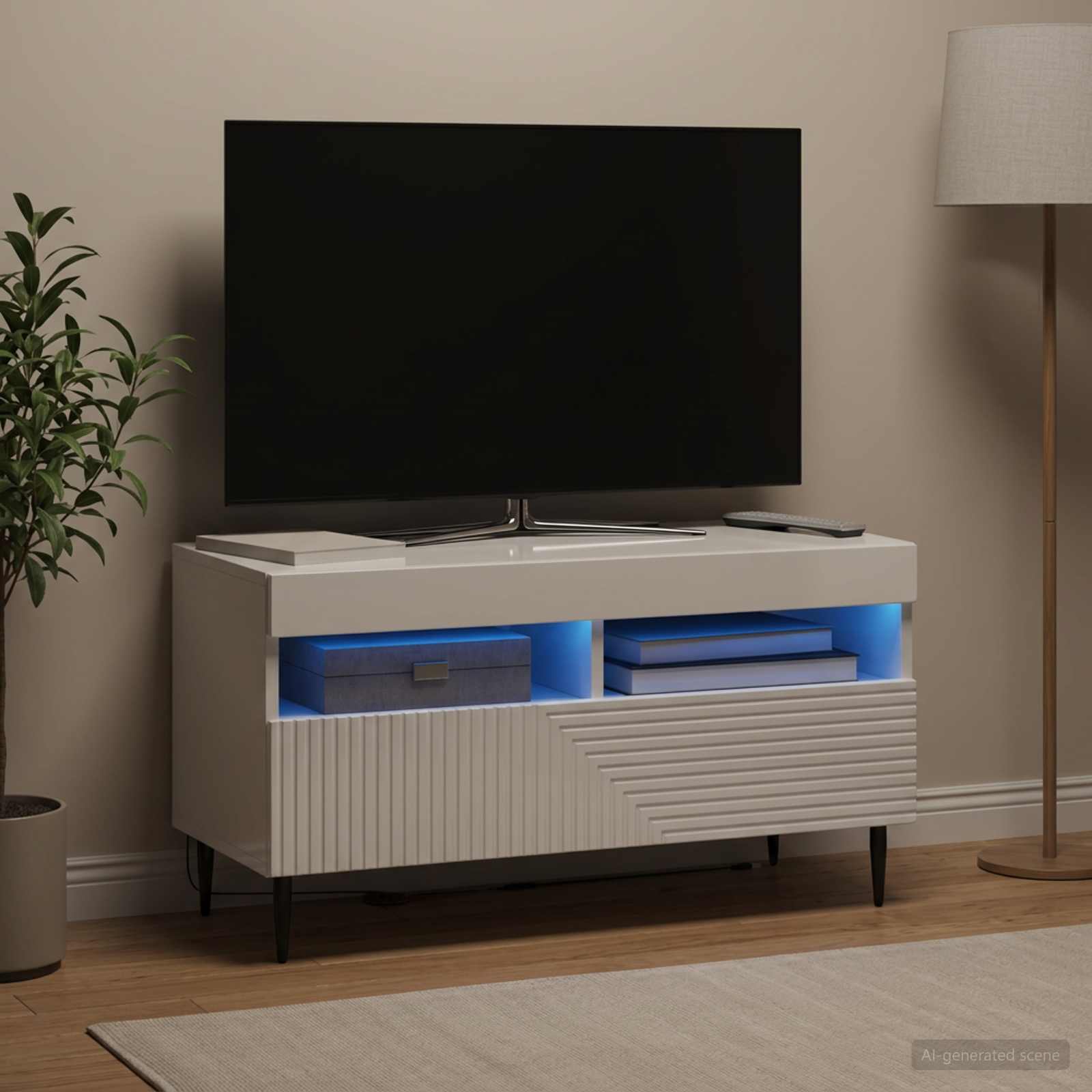 LED TV kapp HAARLEM 81 x 35 x 43 cm Kõrgläikega valge Tehispuit