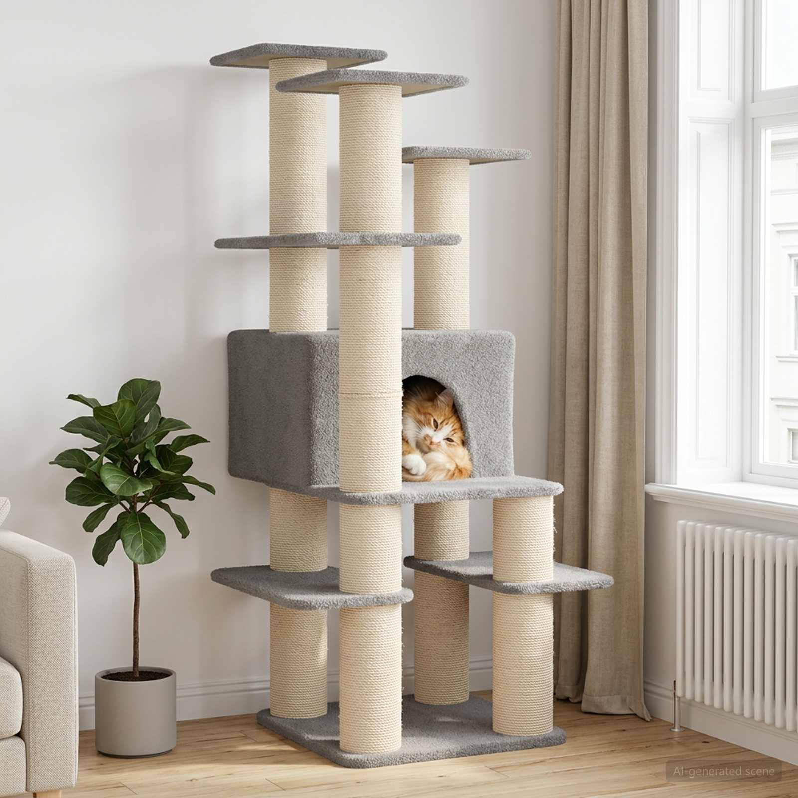 Kassipuu kraapimispostidega Helehall 161 cm