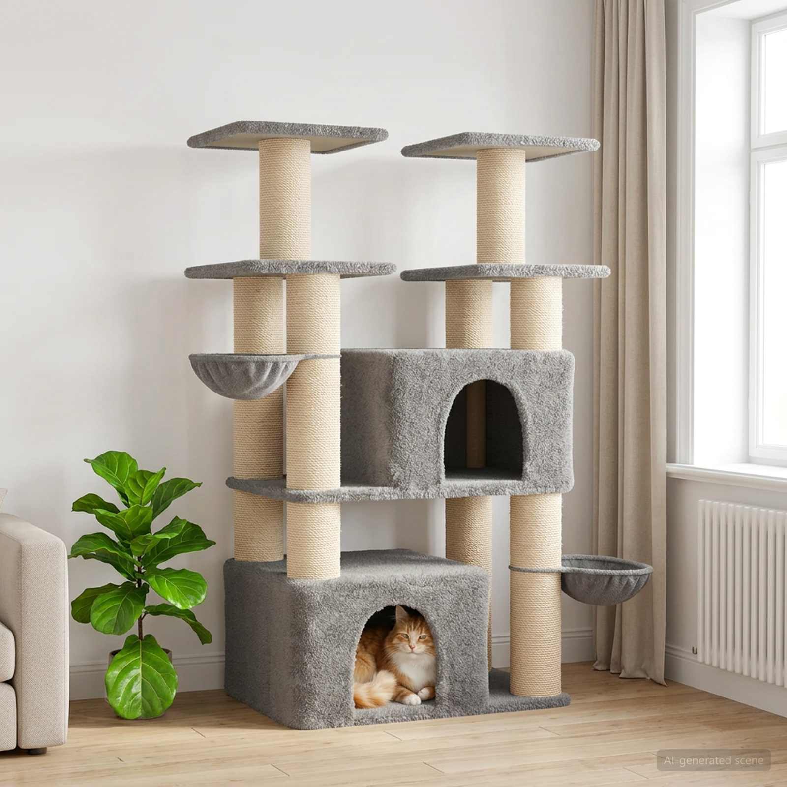 Kassipuu kraapimispostidega Helehall 147 cm 2 tk
