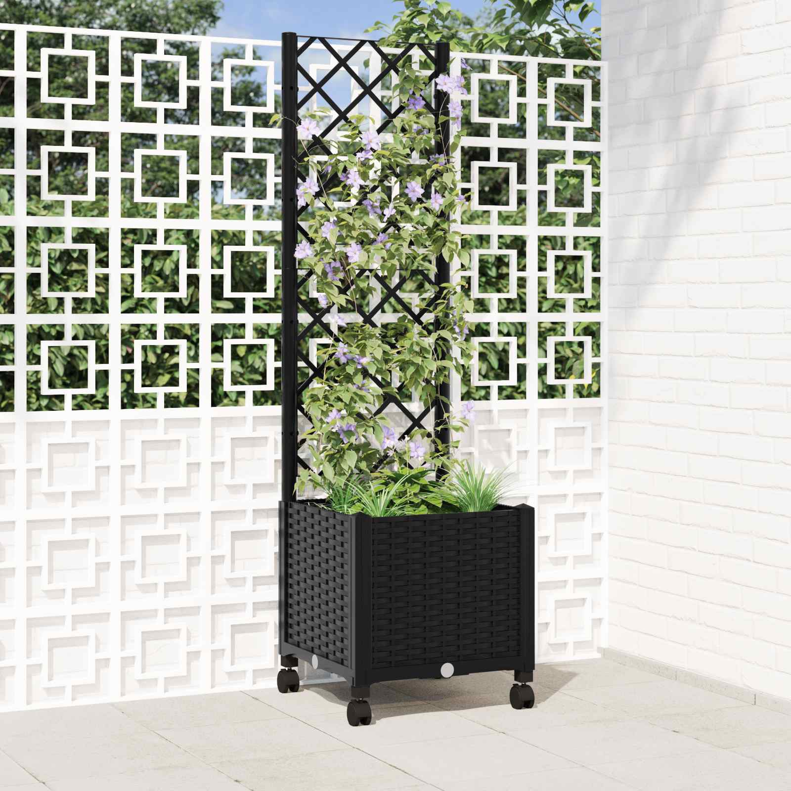 Aia istutuskast trellise ja ratastega Must 40 x 40 x 146 cm PP