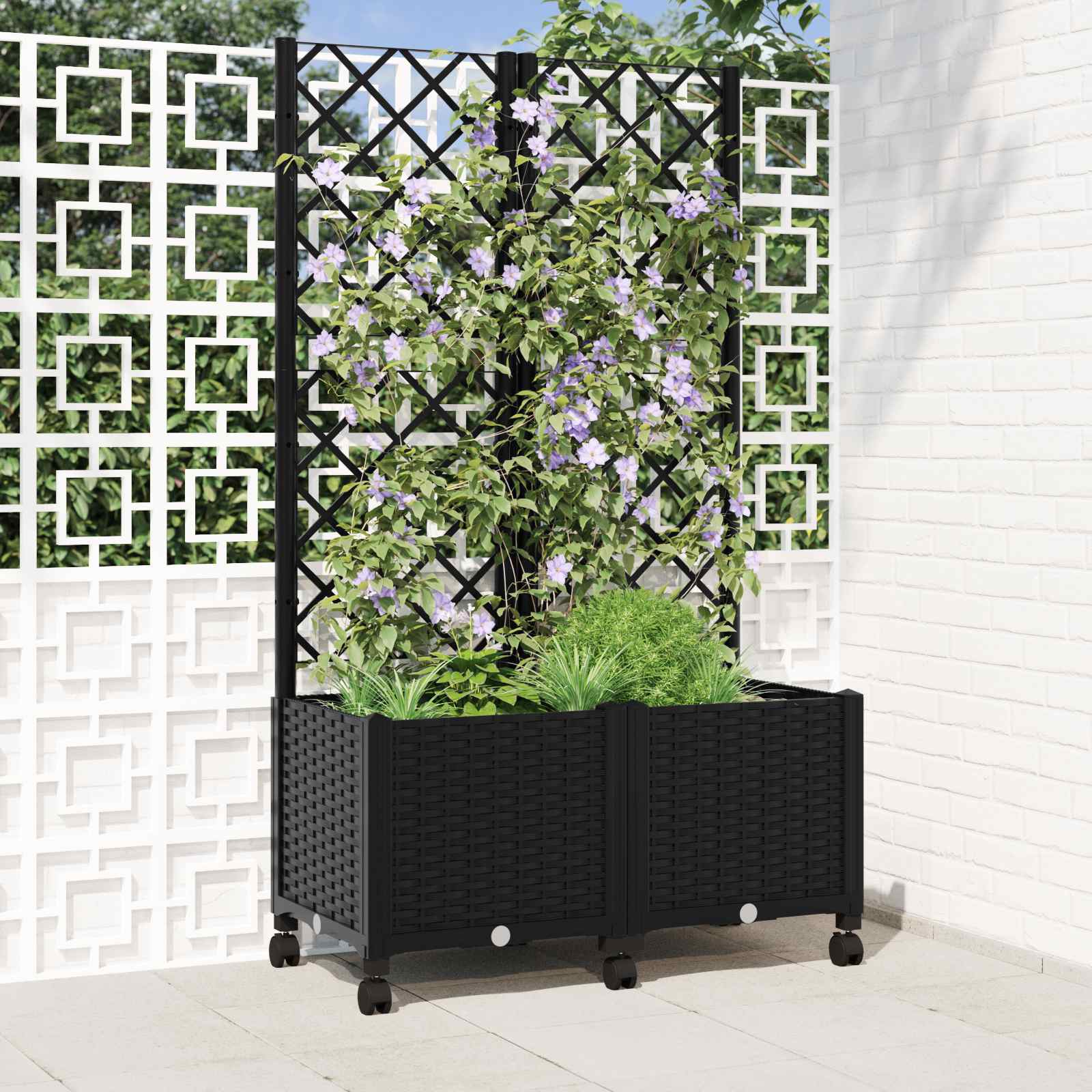 Aia istutuskast trellise ja ratastega Must 80 x 40 x 146 cm PP